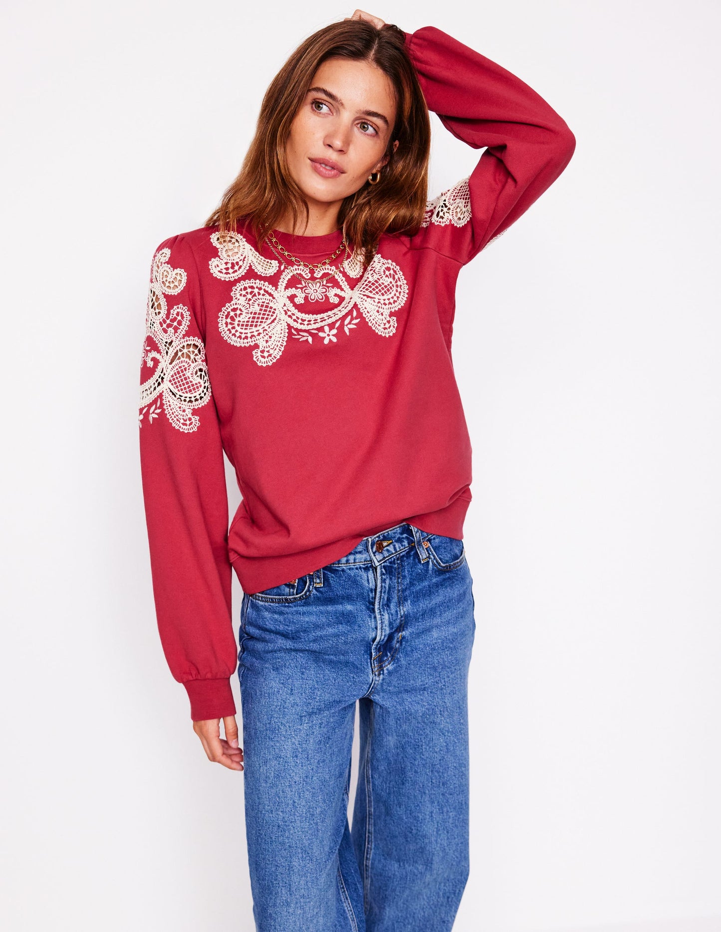Sweatshirt mit Puffärmeln und Cutwork-Design-Terrakotta
