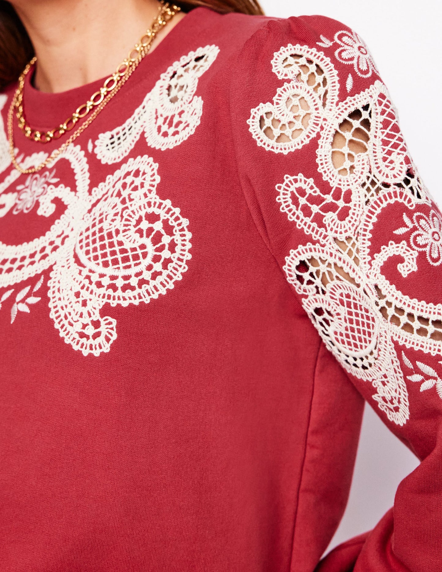 Sweatshirt mit Puffärmeln und Cutwork-Design-Terrakotta