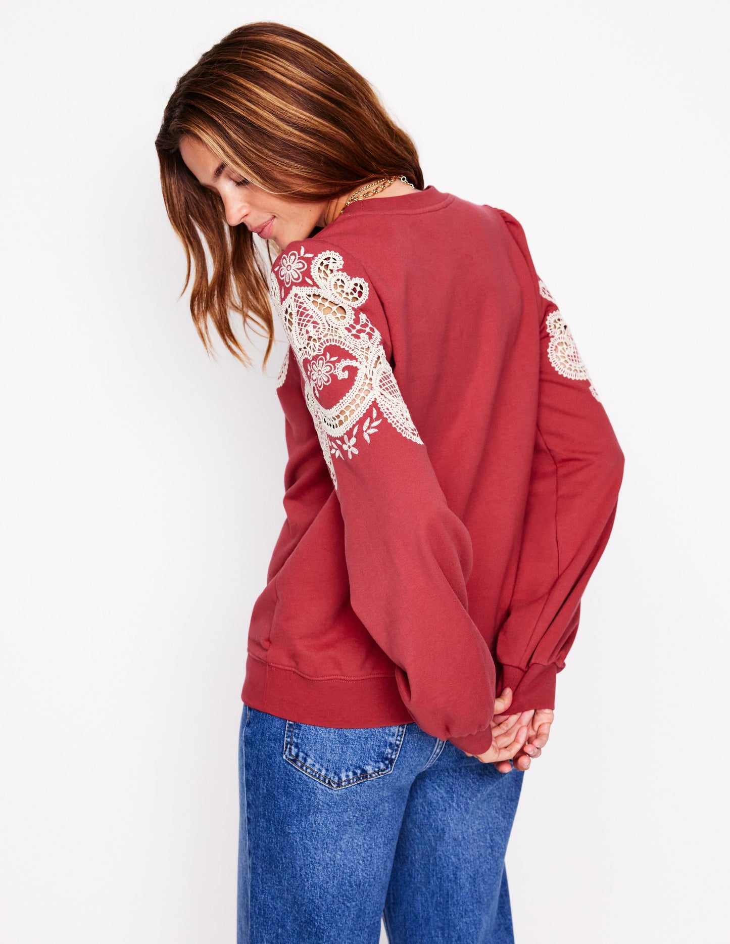 Sweatshirt mit Puffärmeln und Cutwork-Design-Terrakotta