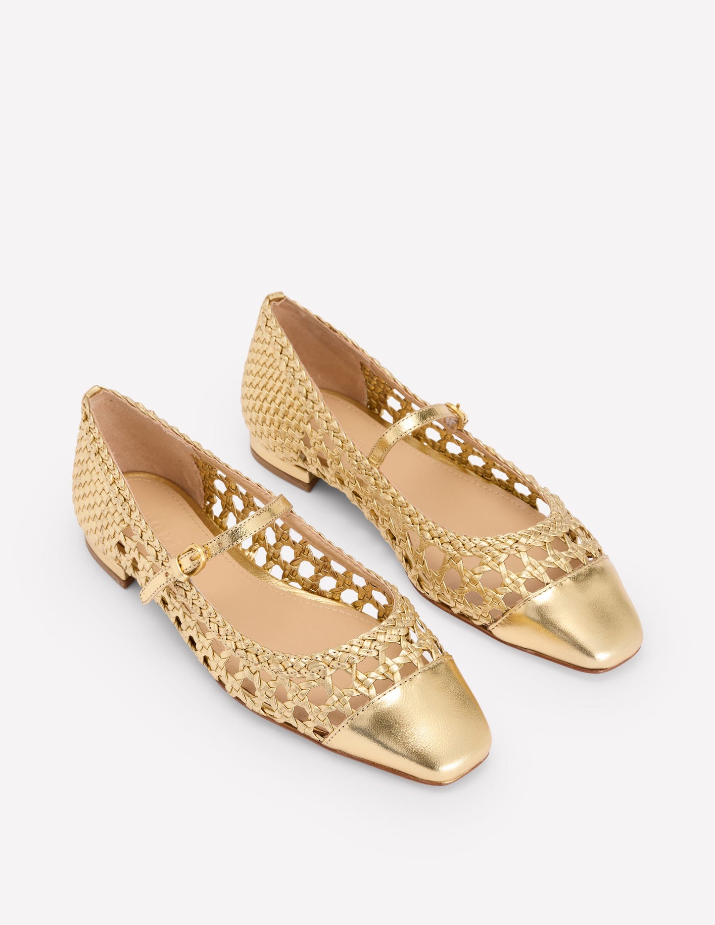 Penelope Flache Mary Janes-Gold Gewebtes Leder