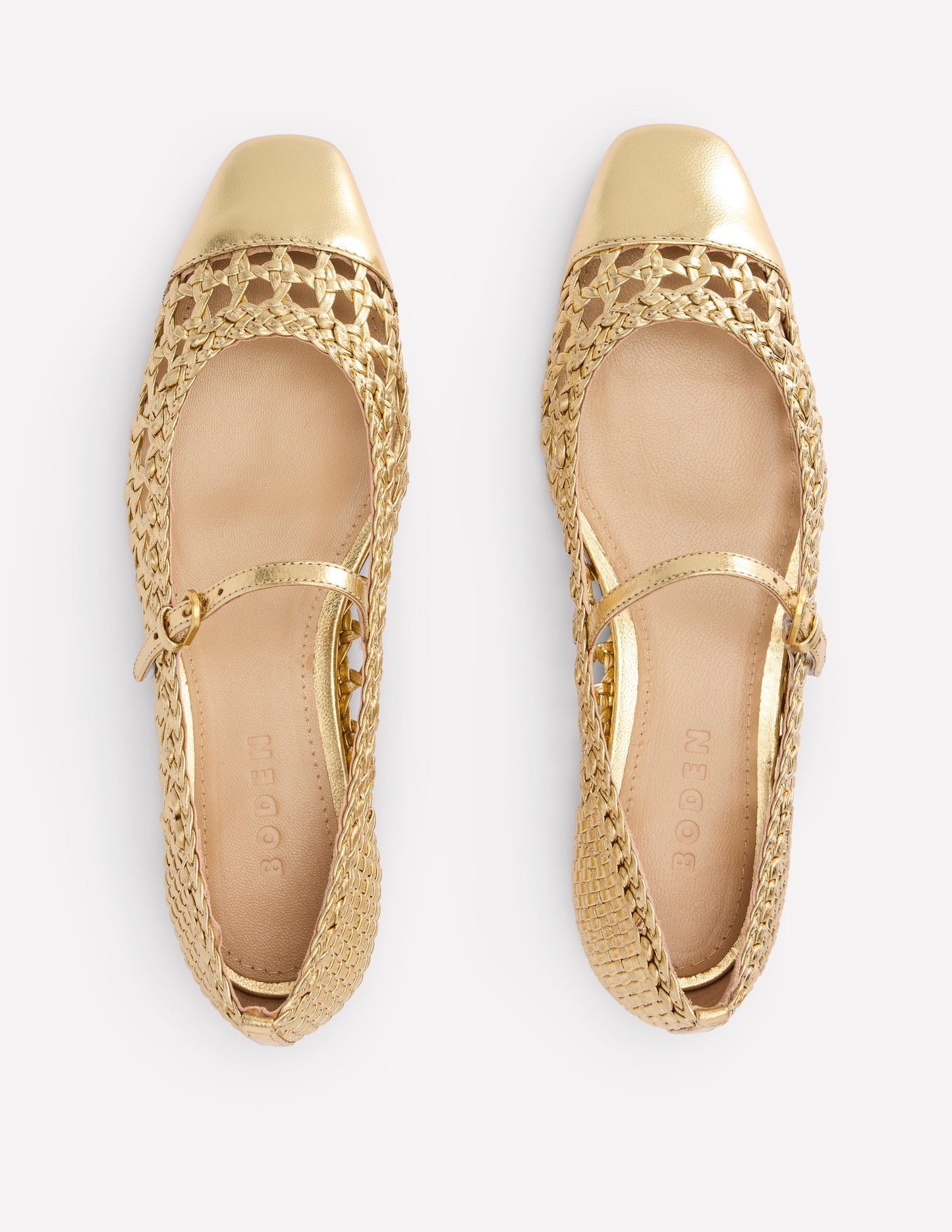 Penelope Flache Mary Janes-Gold Gewebtes Leder