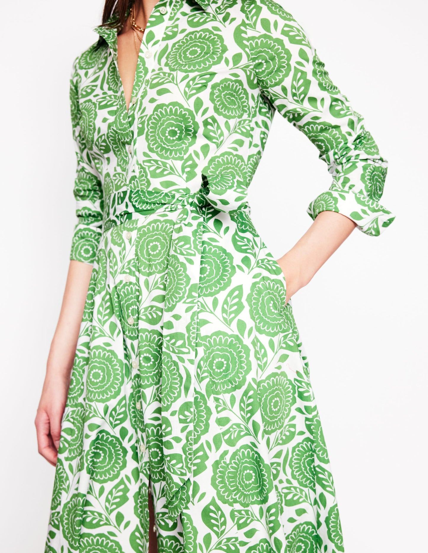 Amy Midi-Hemdblusenkleid aus Baumwolle-Paradiesgrün, Dahlienstempel