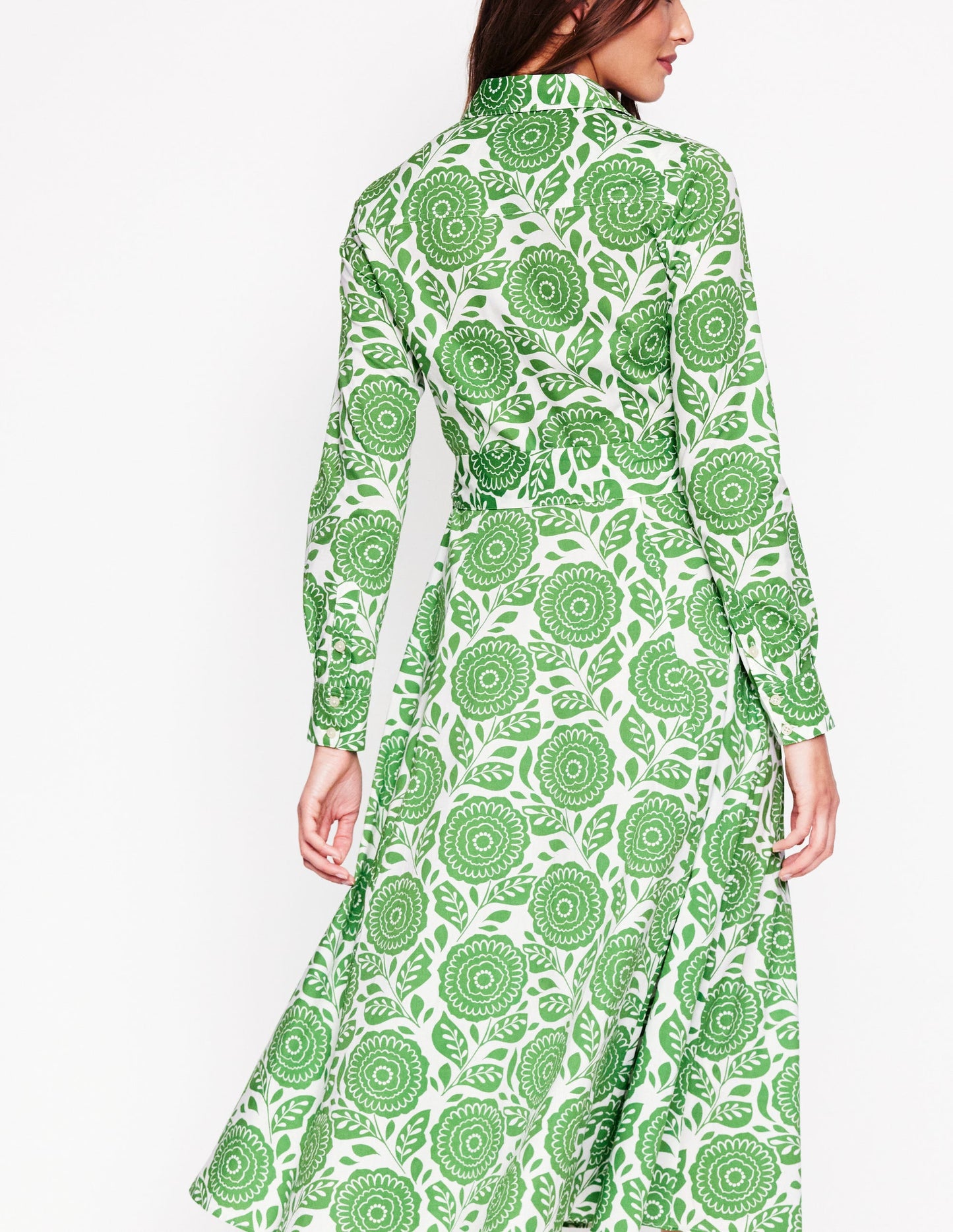 Amy Midi-Hemdblusenkleid aus Baumwolle-Paradiesgrün, Dahlienstempel