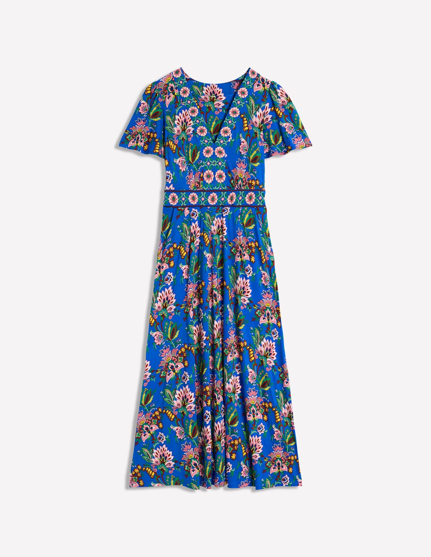 Robe longue style 40s Ellie à manches aériennes-Bleu galerie, motif Botanica Terrace