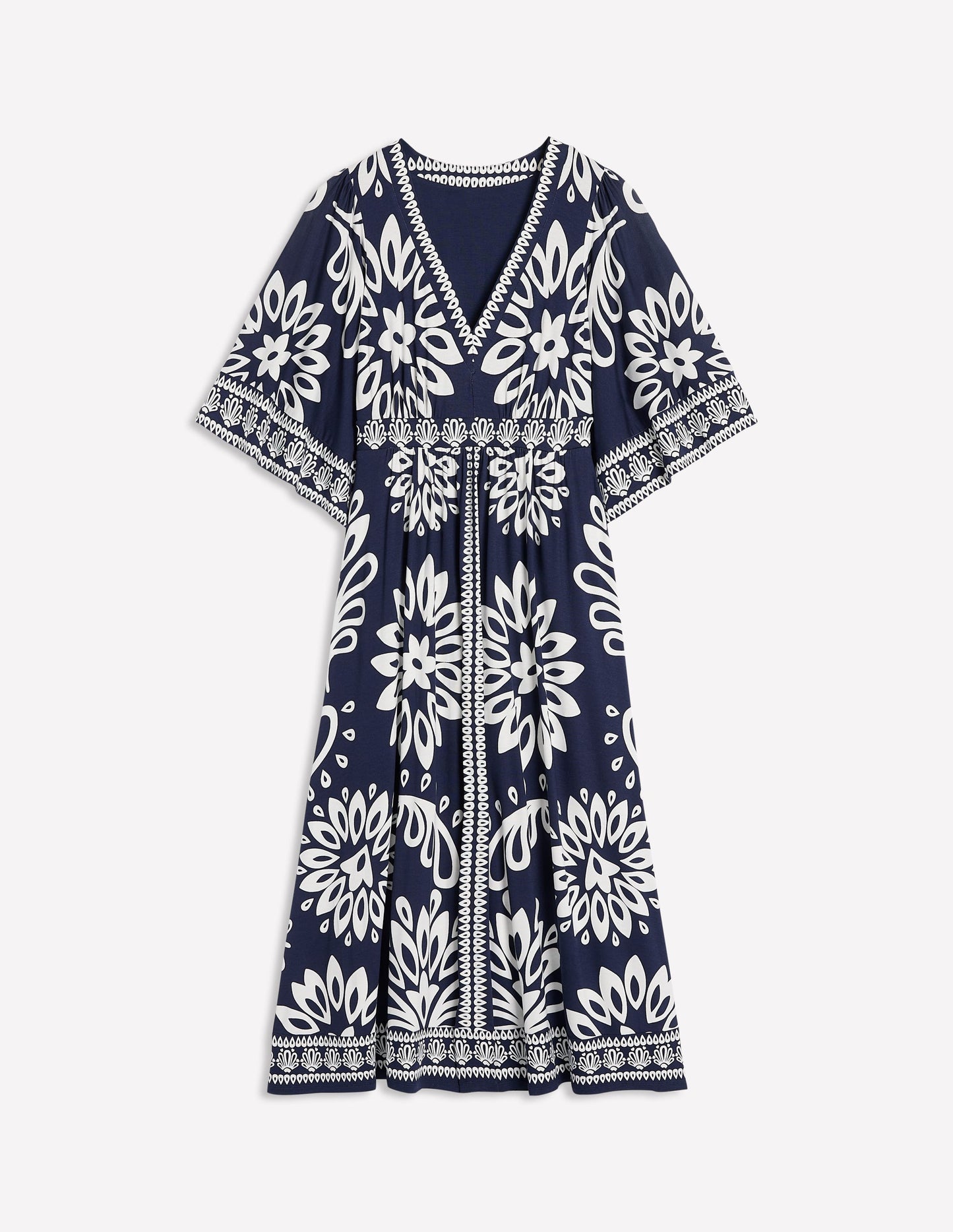 Maya Kimono Jersey Maxi Dress-French Navy, Palm Foliage