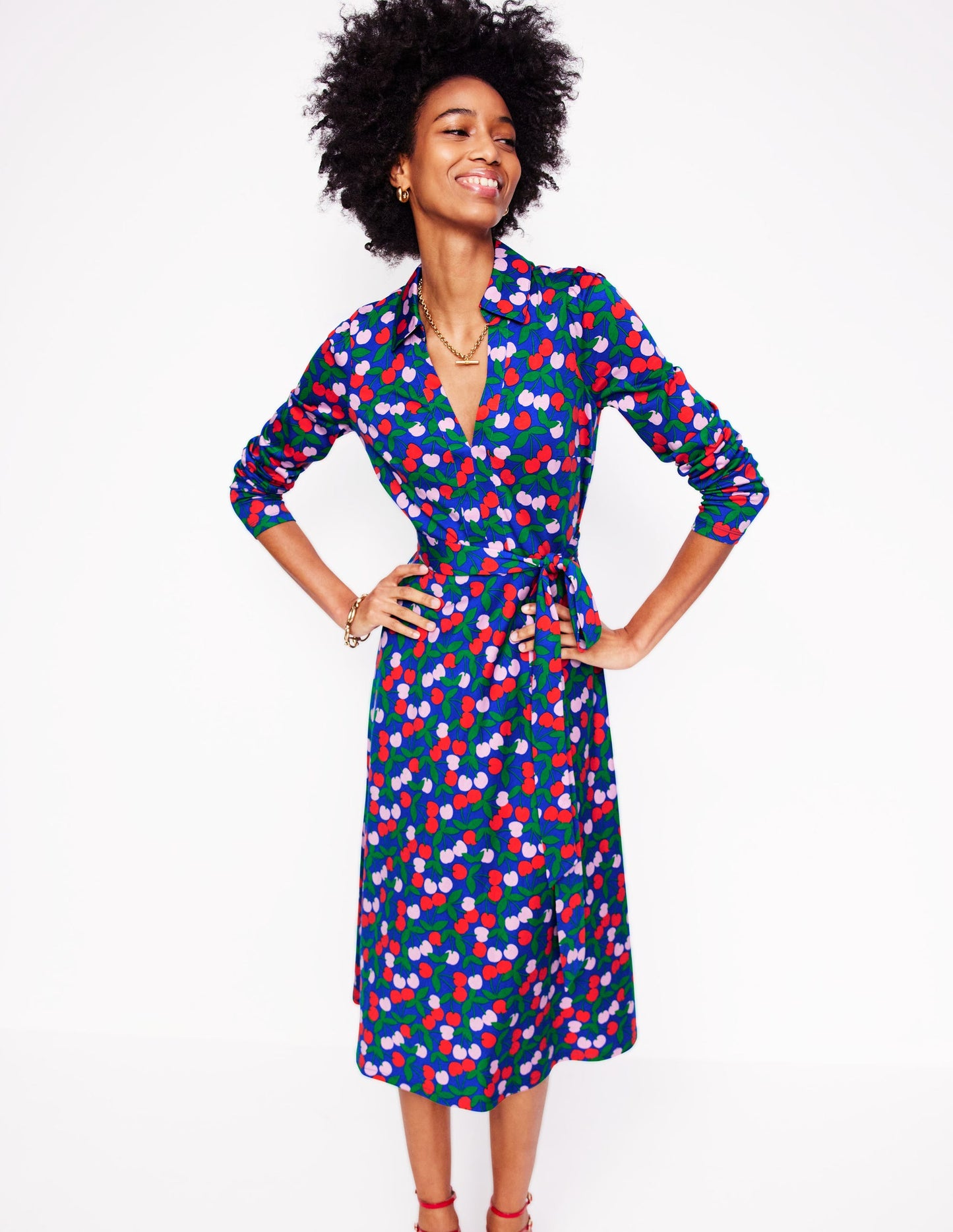 Robe Imogen en jersey à col-Bleu vif, motif Cherry Cascade