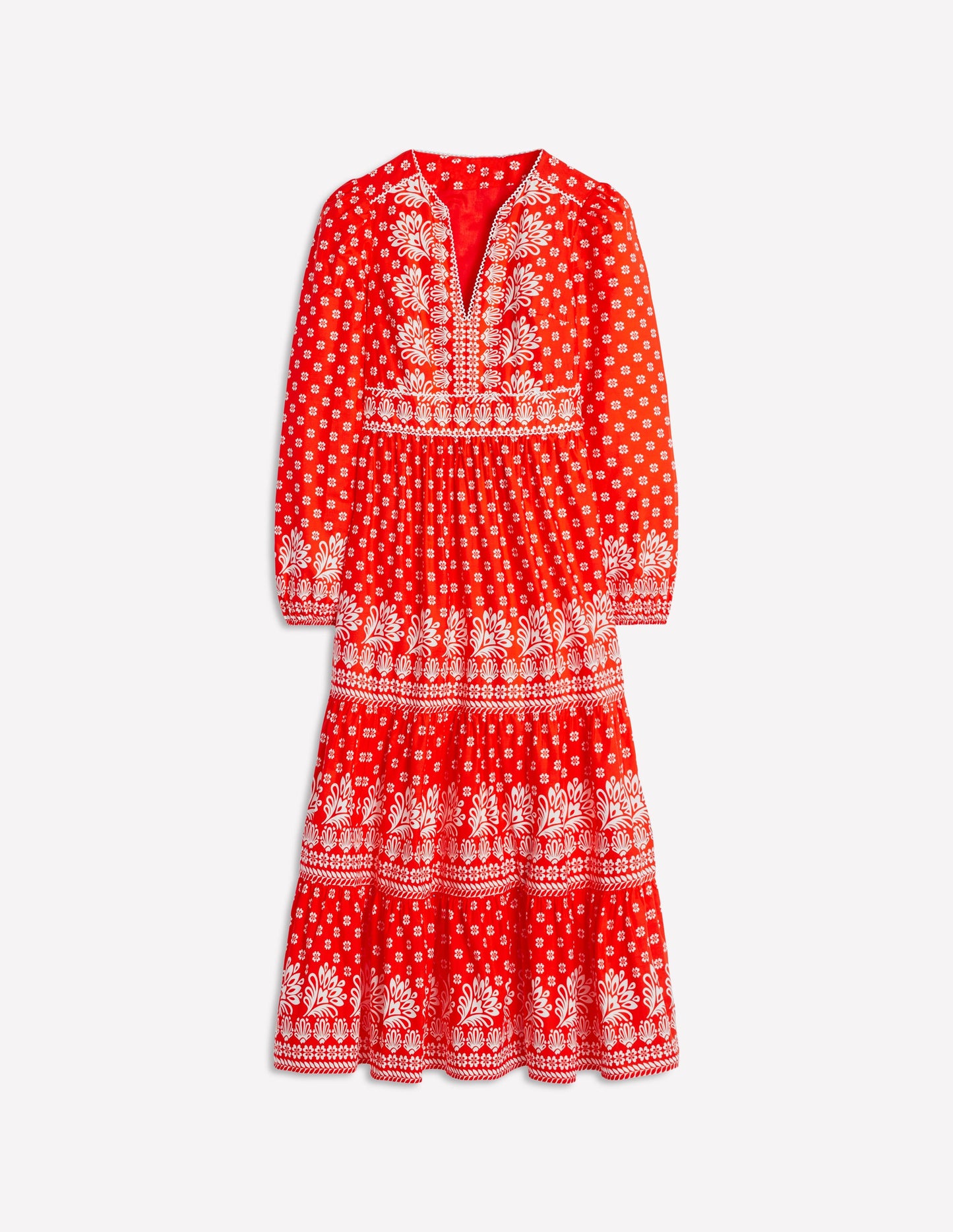 Robe midi Violette-Rouge pétard, motif Palm Flora