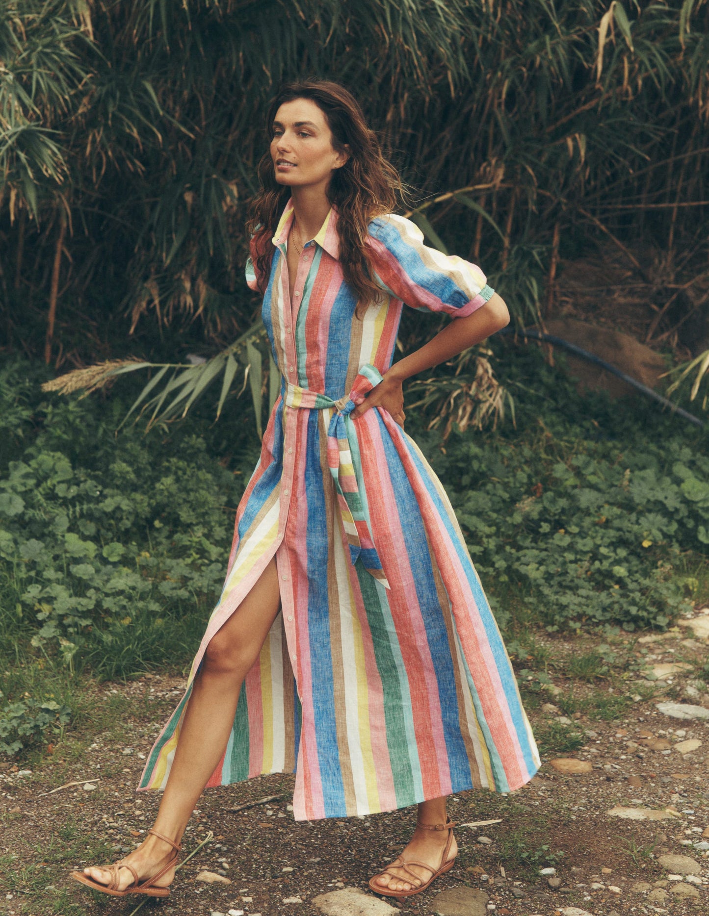 Robe-chemise longue Alexa en lin-Rayé arc-en-ciel vif