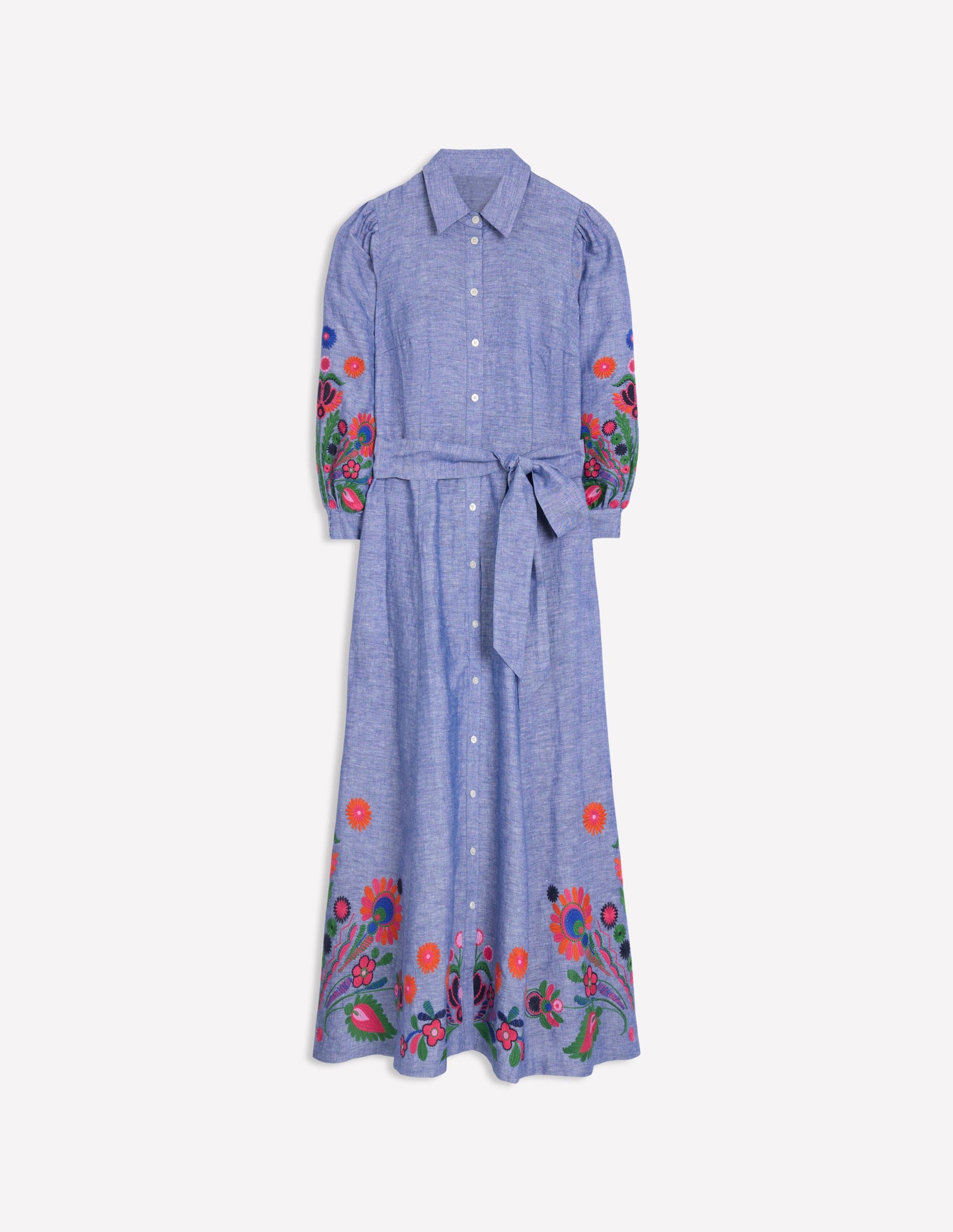 Clara Linen Blend Shirt Dress-Blue Chambray, Embroidered-7