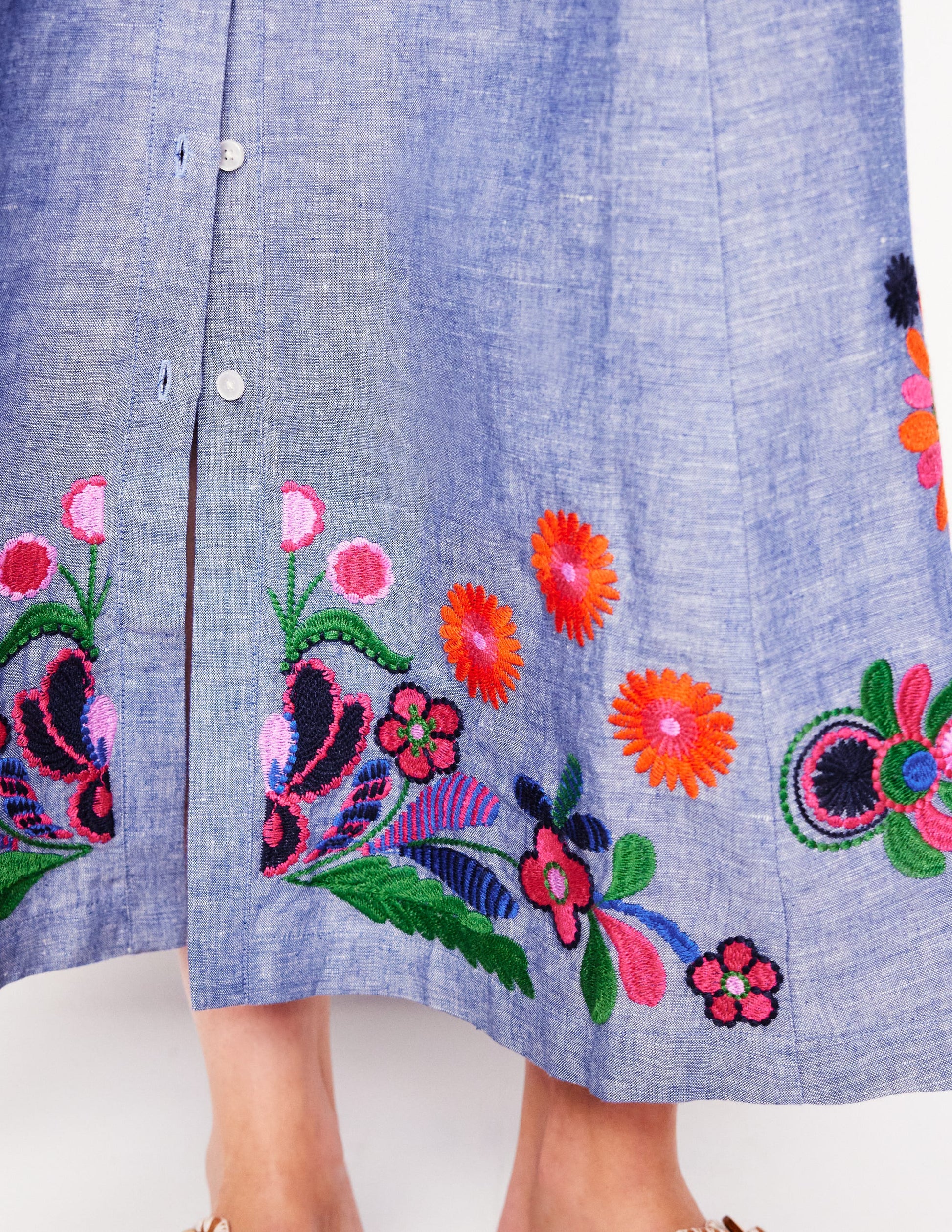 Clara Linen Blend Shirt Dress-Blue Chambray, Embroidered-6