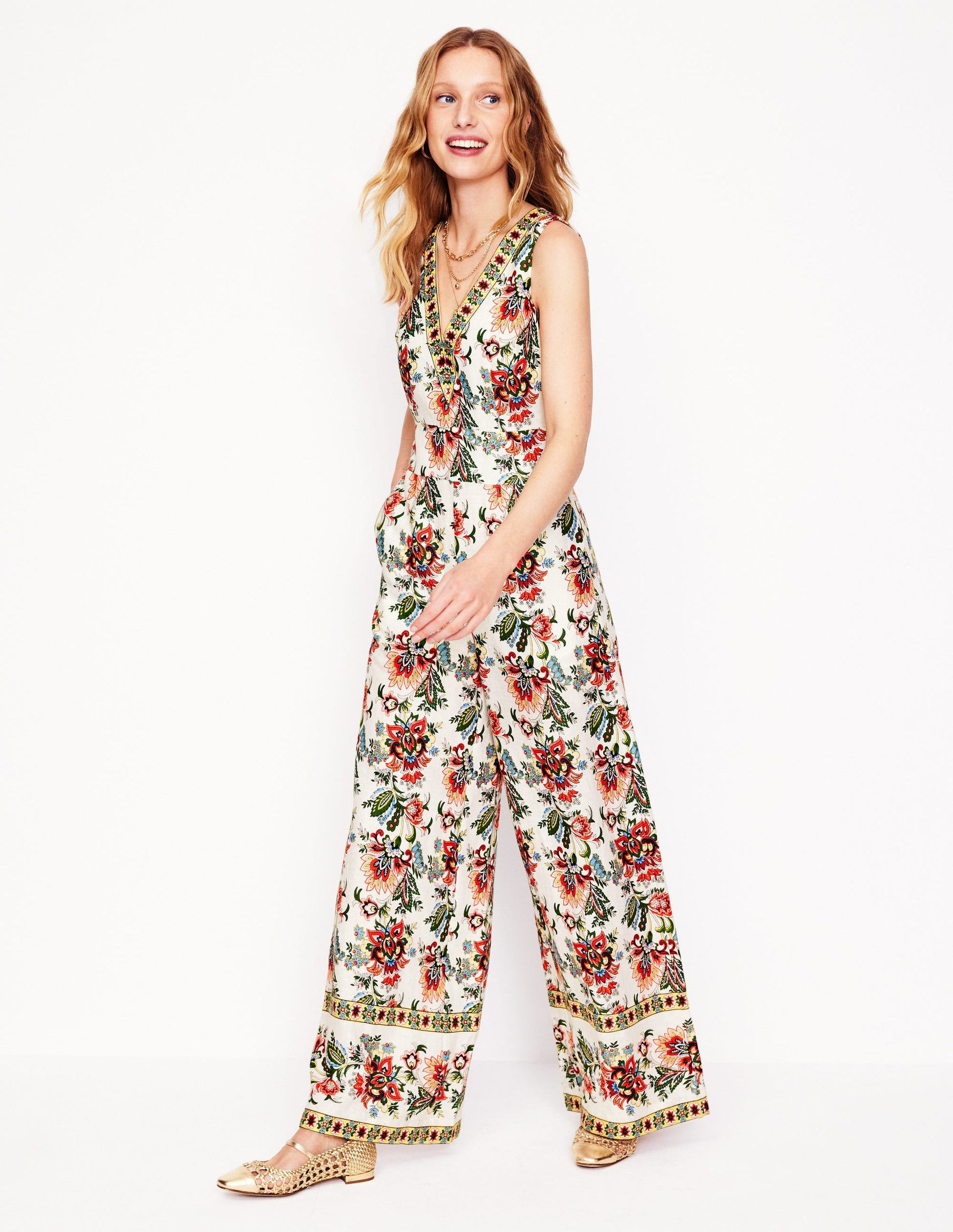 V-Neck Linen Jumpsuit-Ivory, Botanica Terrace-1