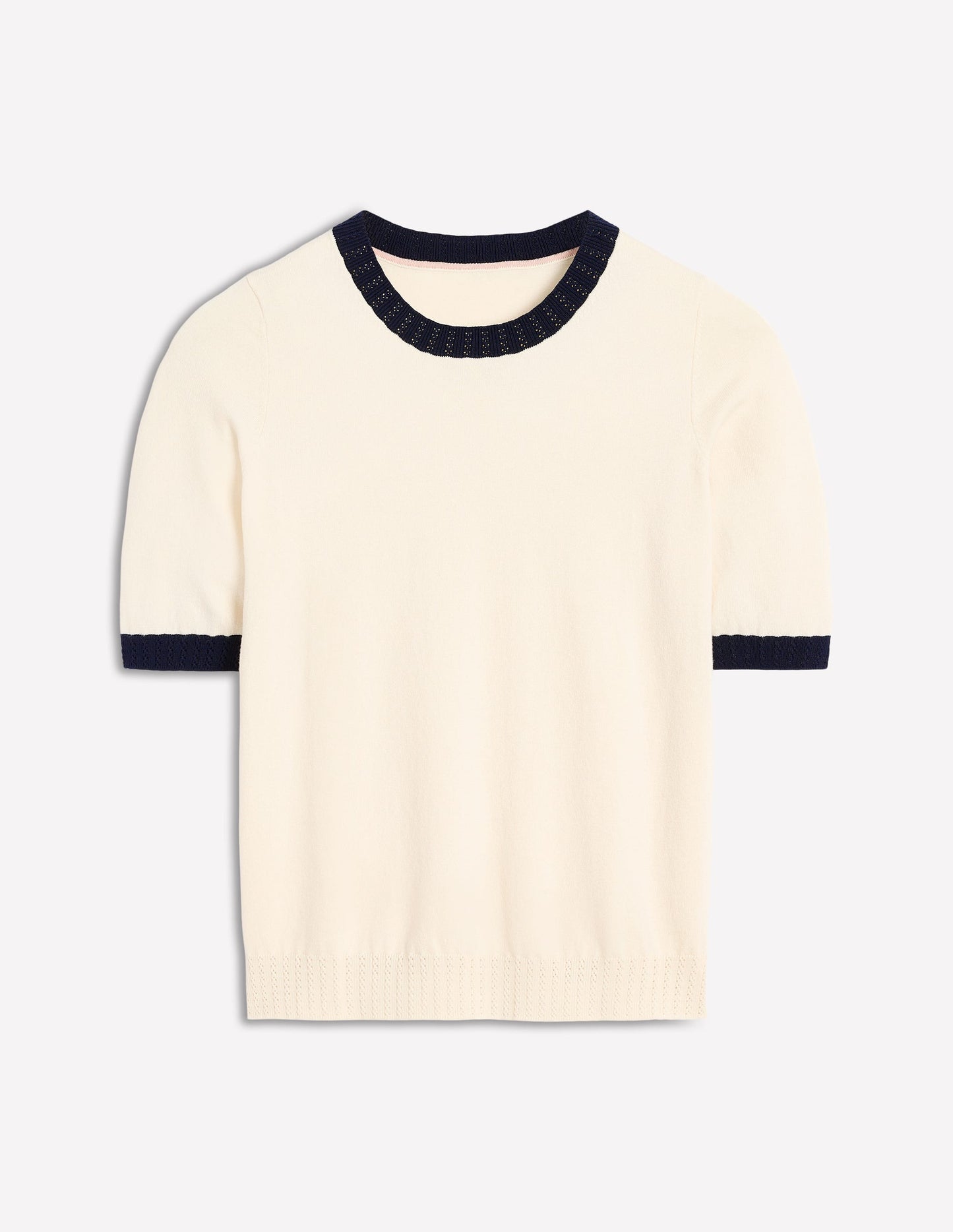 Emilia Baumwoll-T-Shirt mit Rundhalsausschnitt-Warmes Naturweiß, Marineblau