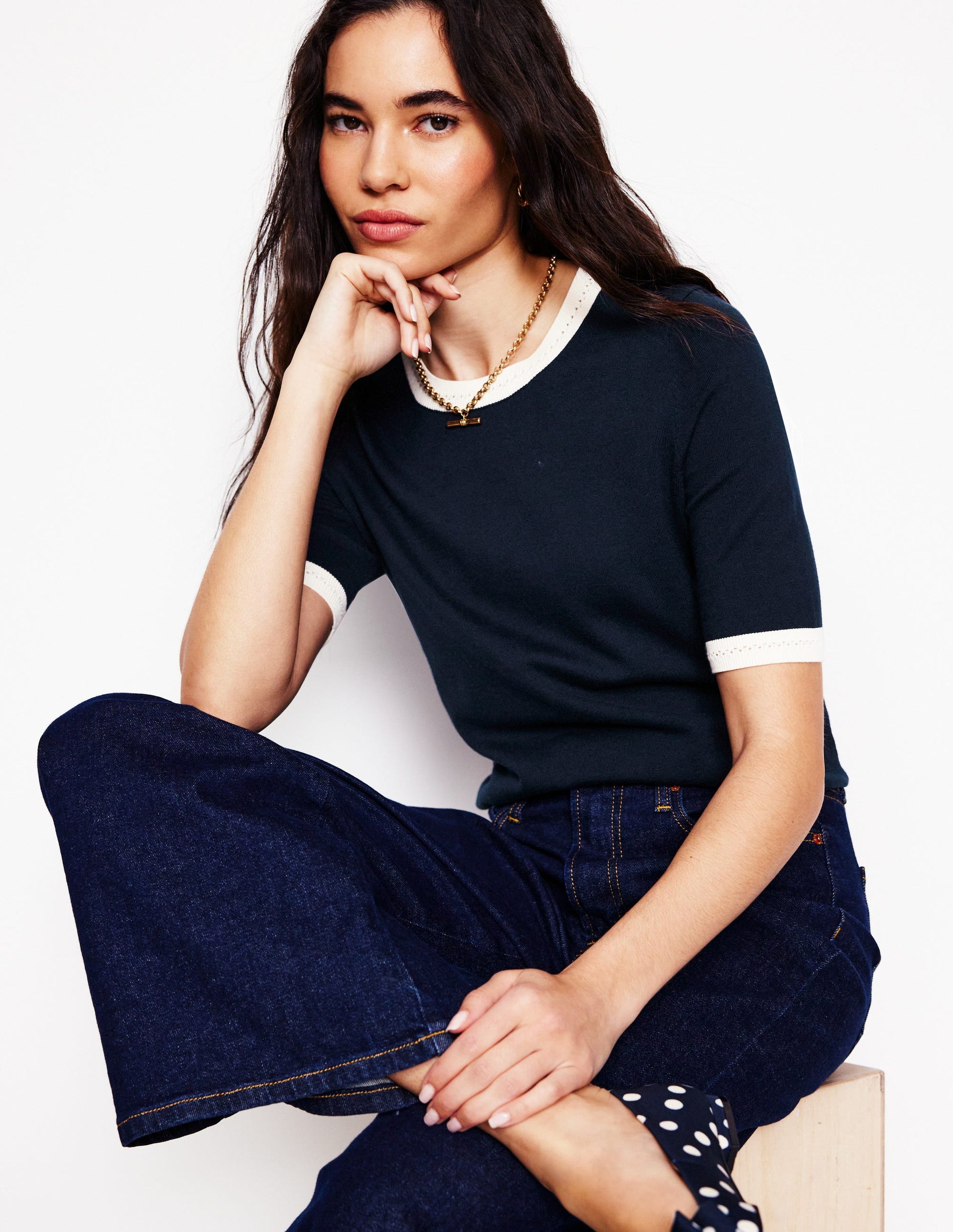 T-shirt col rond Emilia en coton-Bleu marine, ivoire chaud-1
