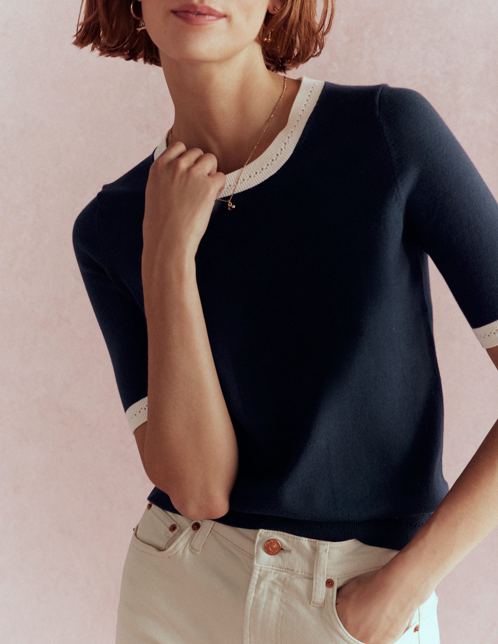 T-shirt col rond Emilia en coton-Bleu marine, ivoire chaud-7