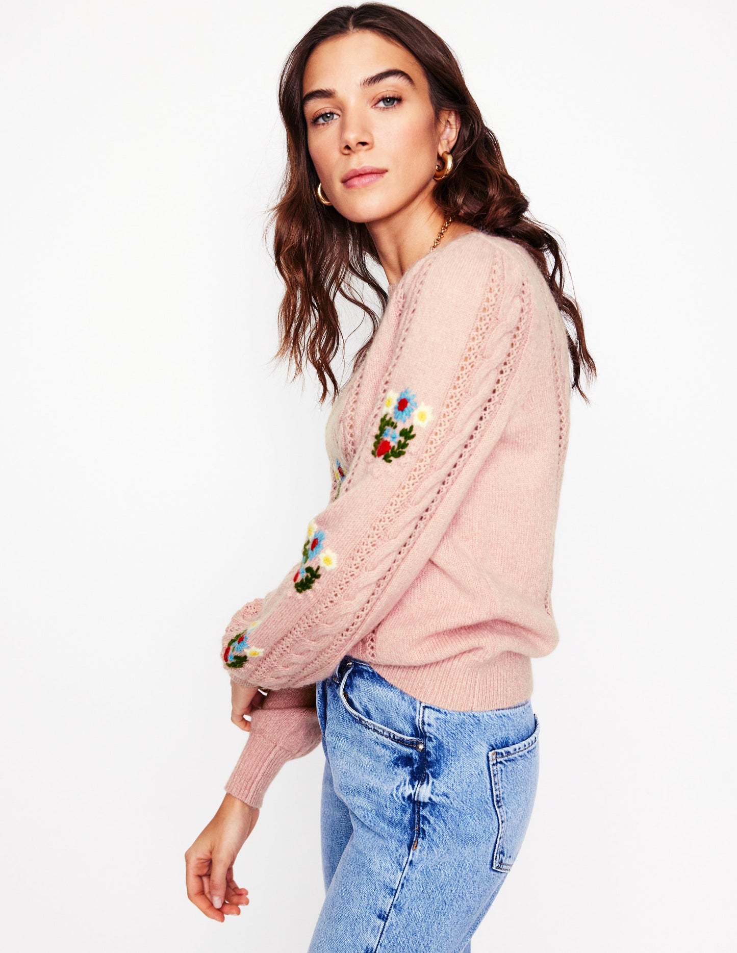 Pull duveteux brodé-Rose lavande tendre