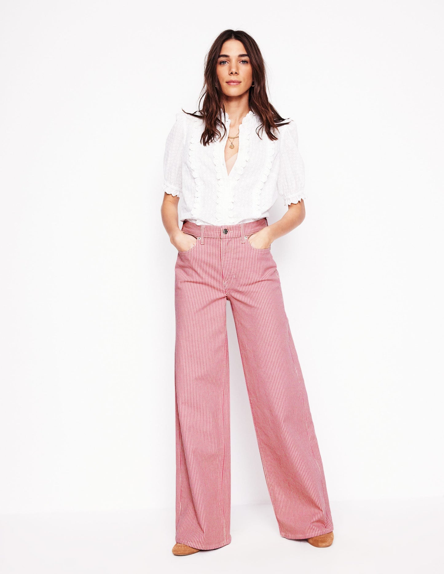 Jean large taille haute-Rayé rose