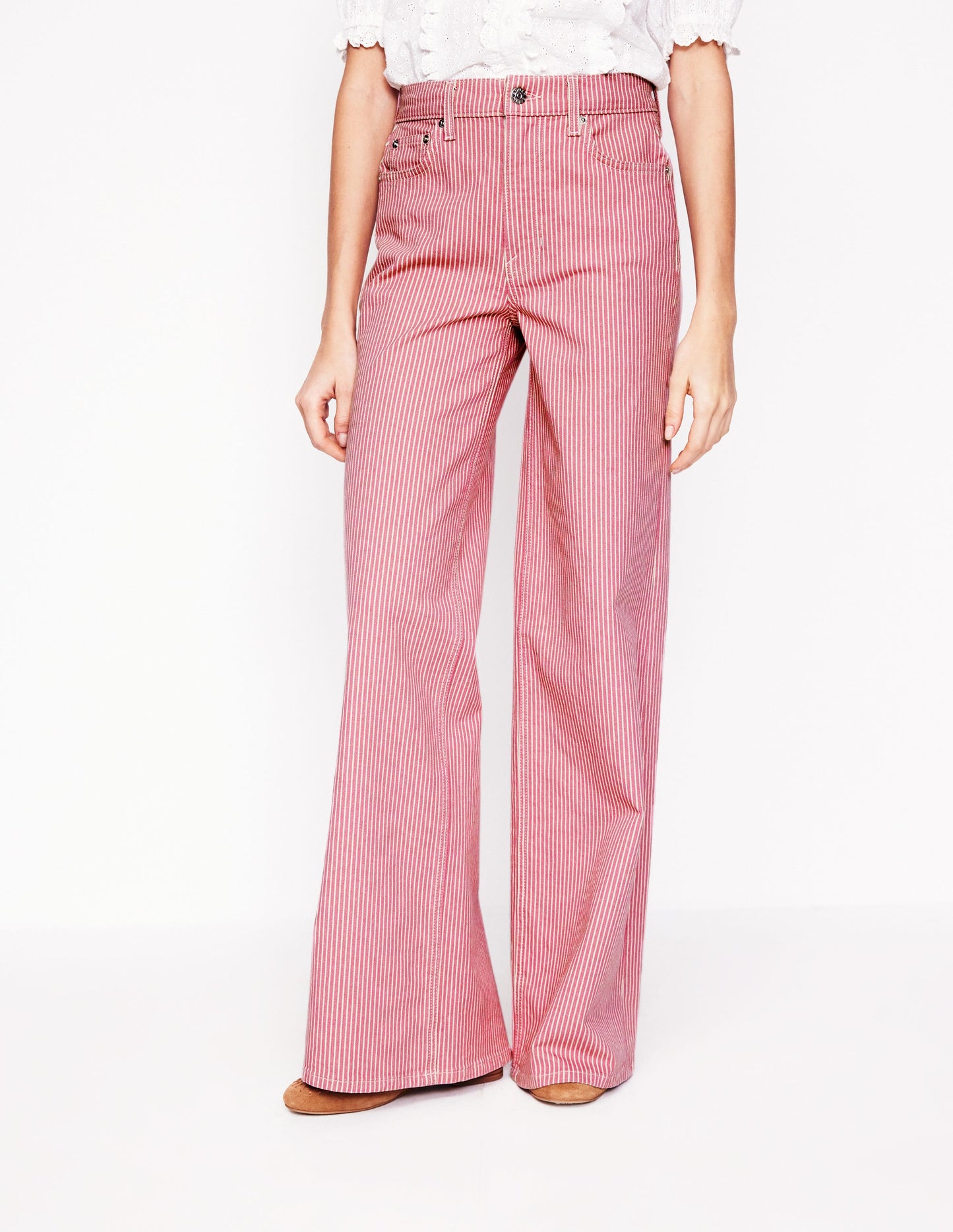 Jean large taille haute-Rayé rose