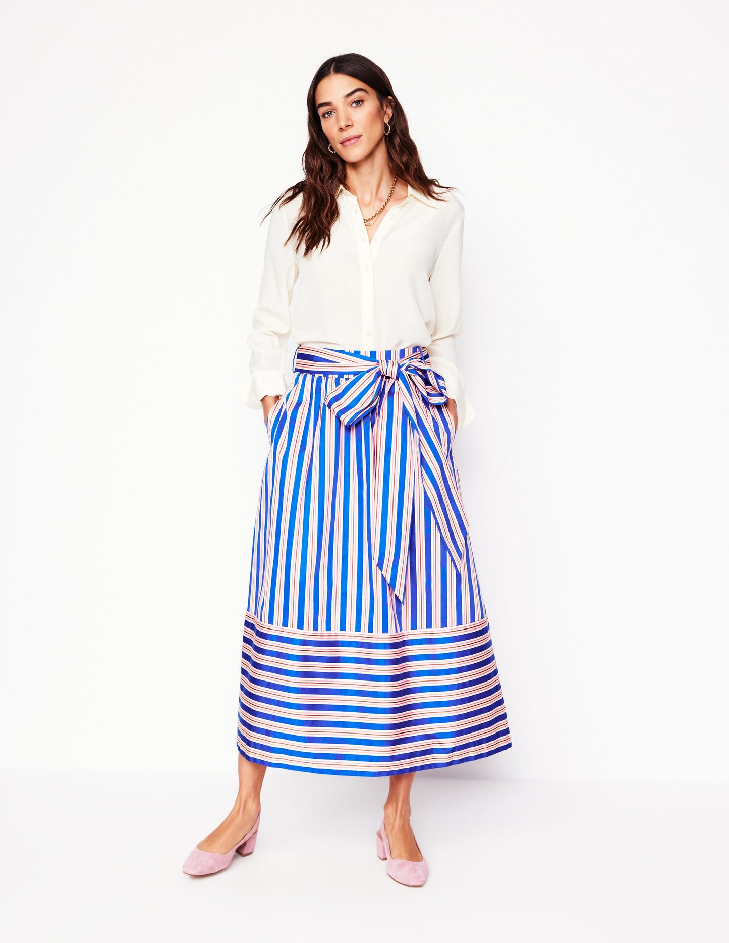 Jupe midi en satin avec ceinture à nouer-Rayé bleu et terre cuite