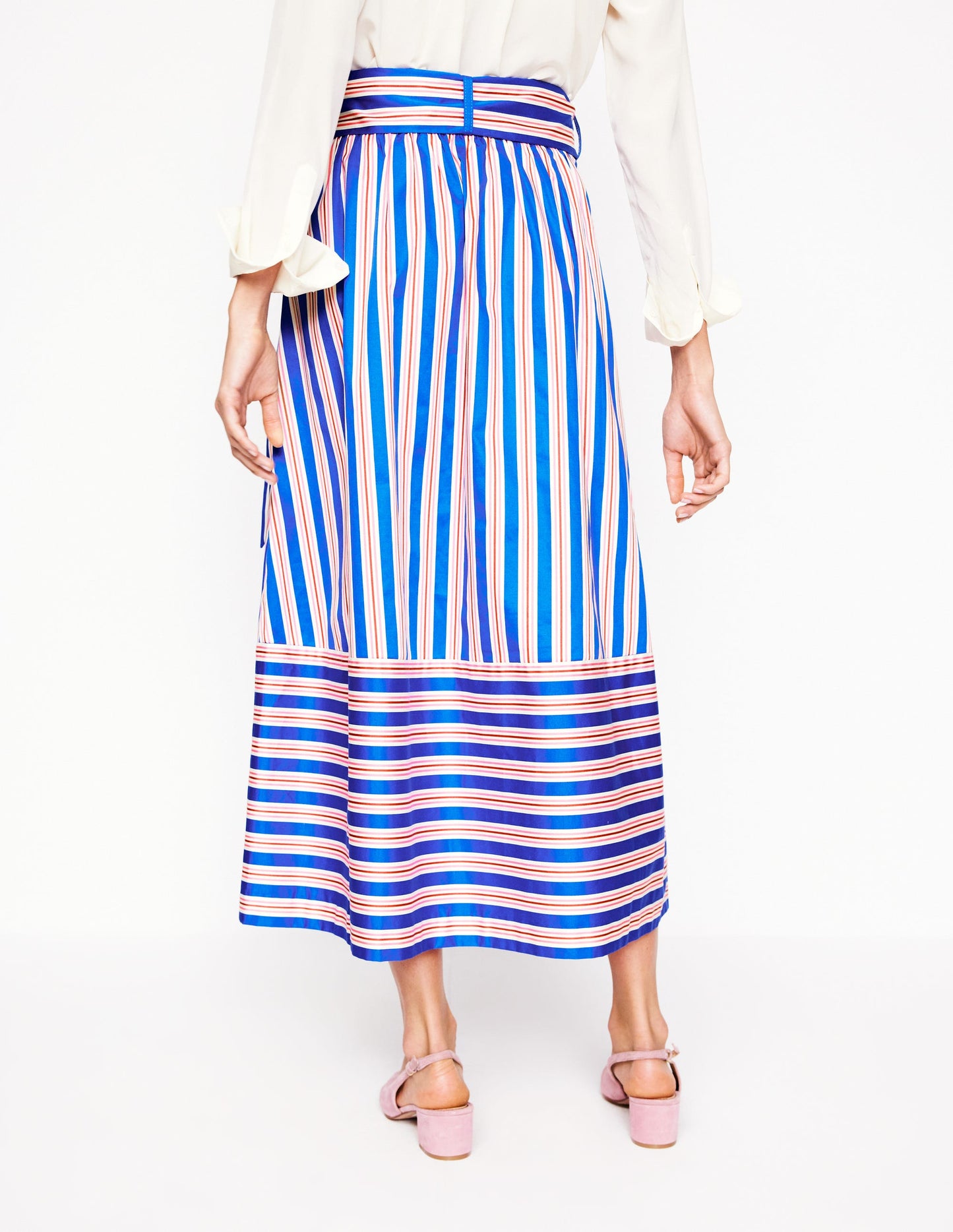 Jupe midi en satin avec ceinture à nouer-Rayé bleu et terre cuite