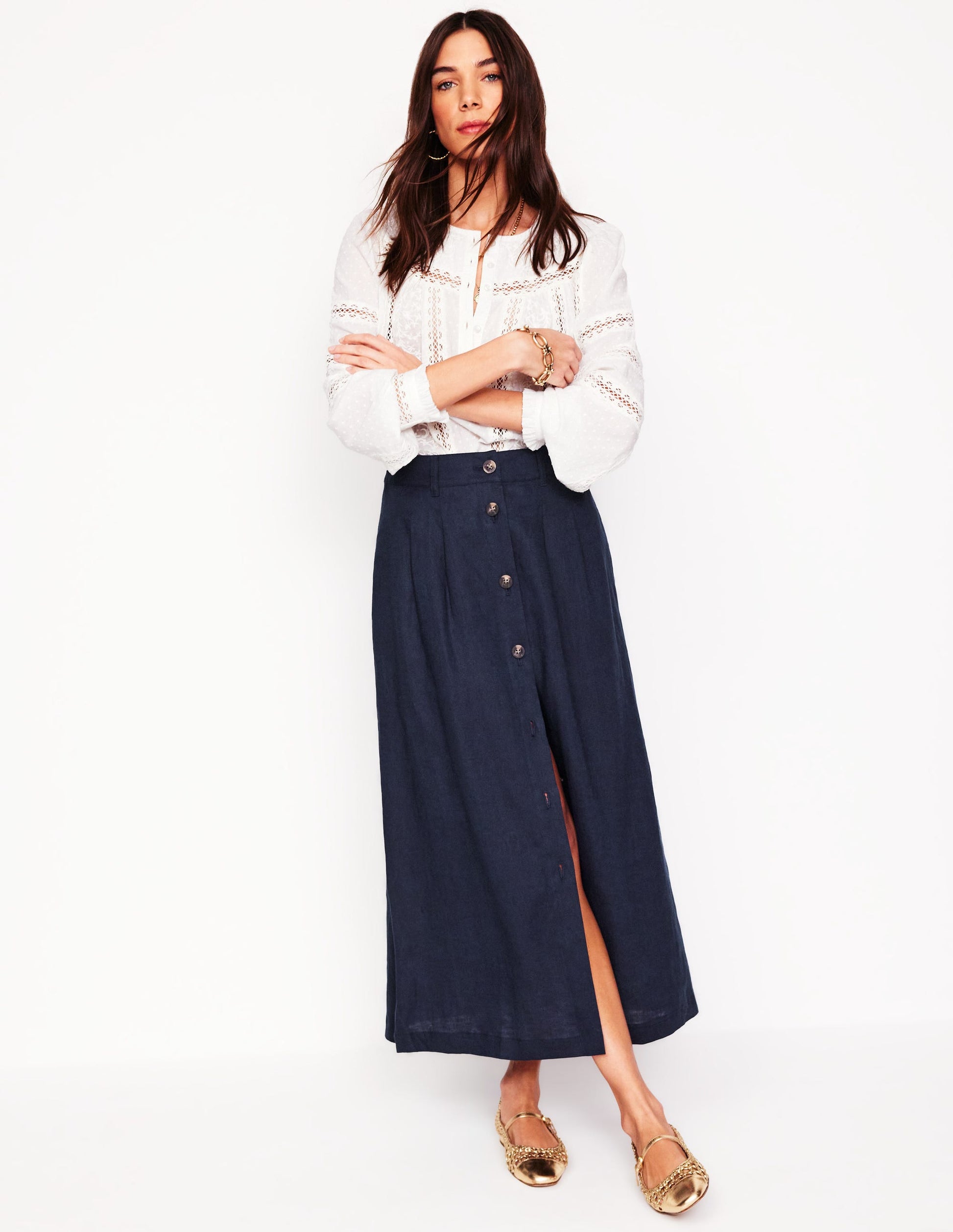 Thomasina Linen Midi Skirt-Navy-1