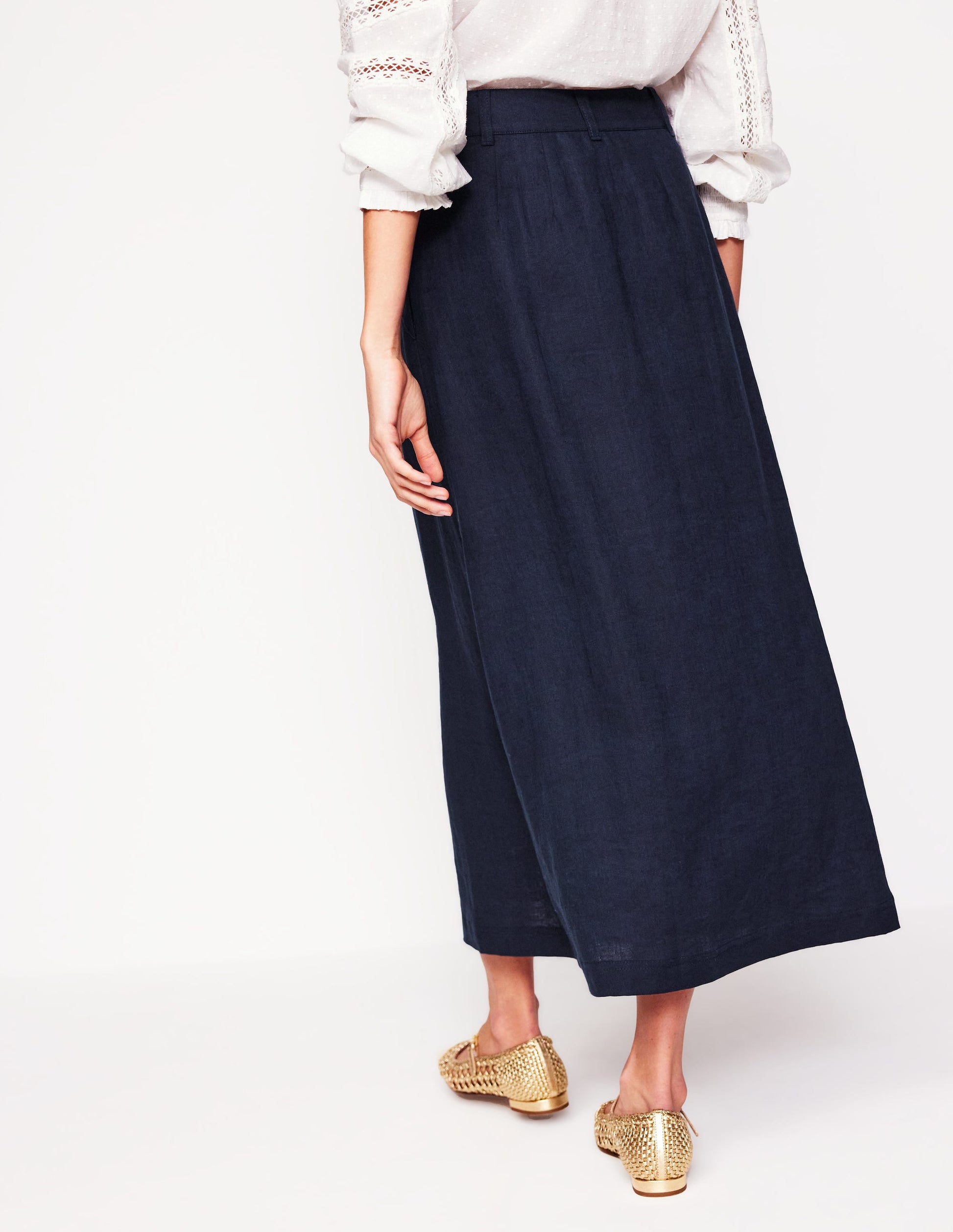 Thomasina Linen Midi Skirt-Navy-3