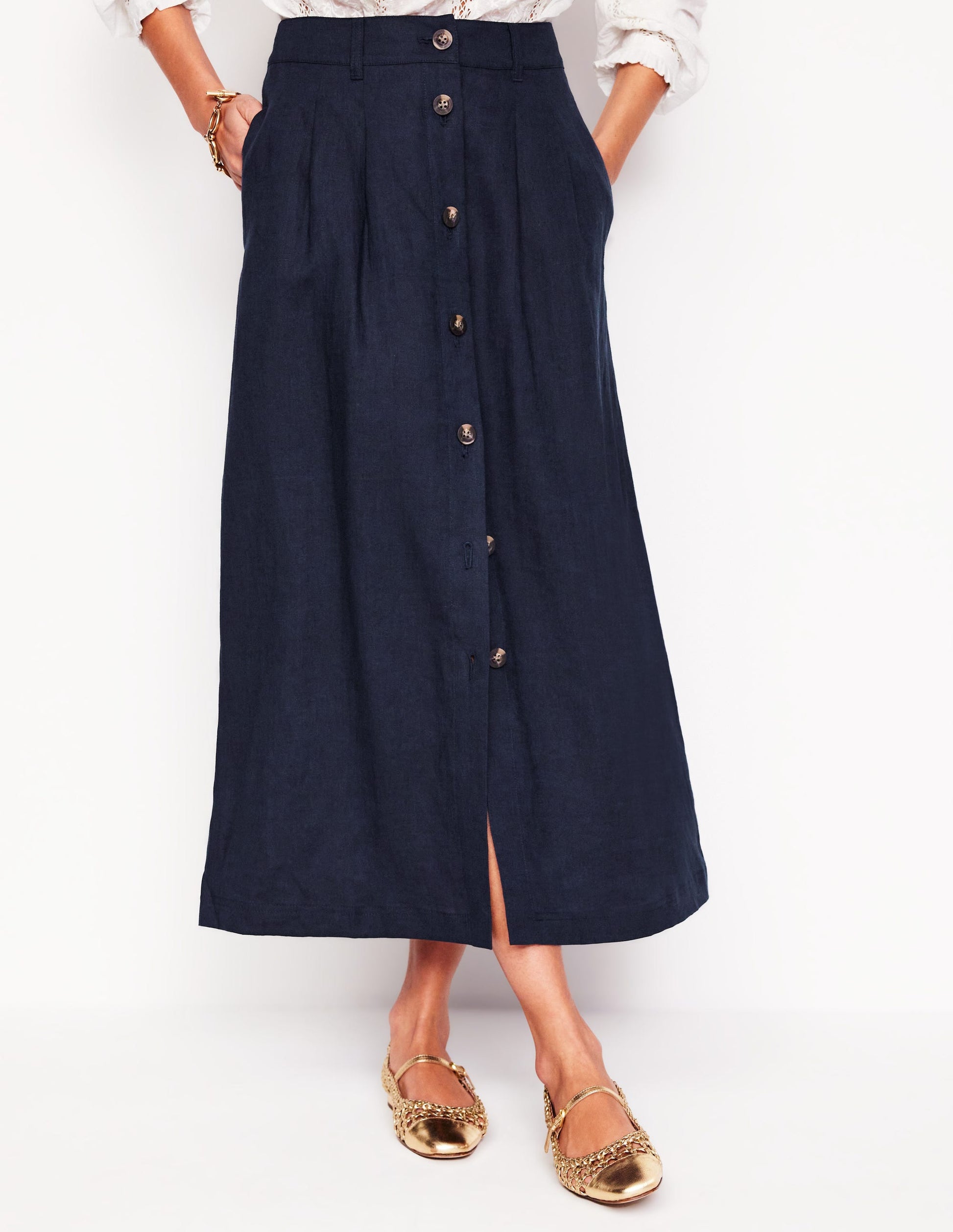 Thomasina Linen Midi Skirt-Navy-4