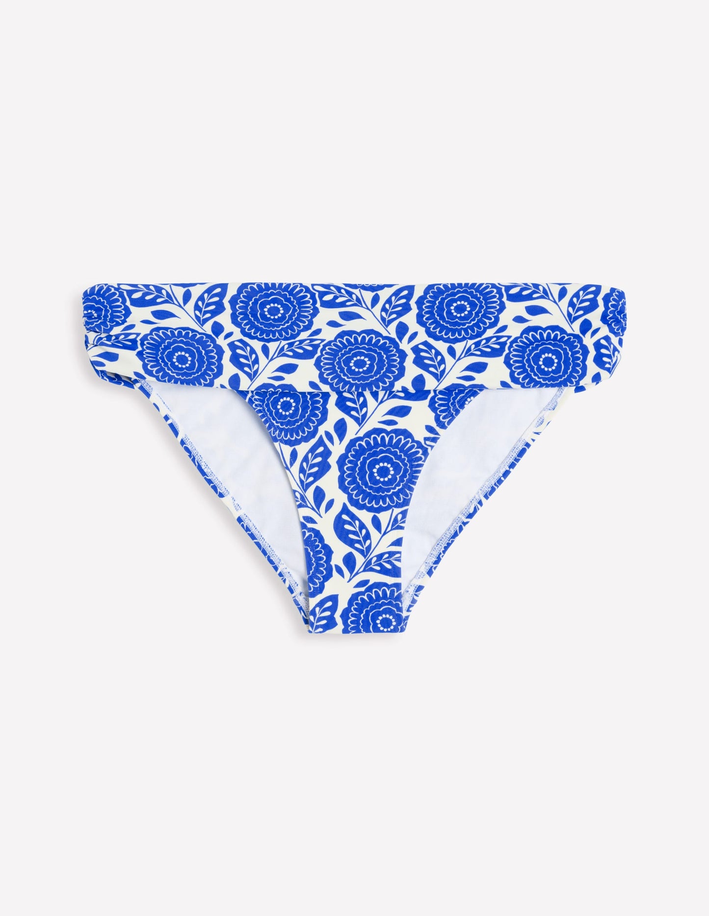 Klassische Bikinihose mit umgeschlagenem Bund-Blauer Dahlienstempel