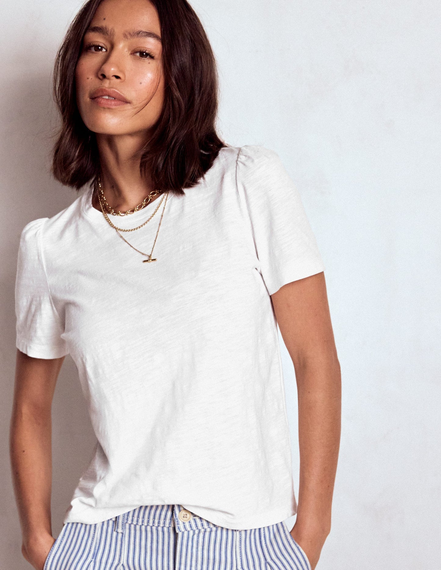 T-Shirt aus Baumwolle mit Puffärmeln-Weiß