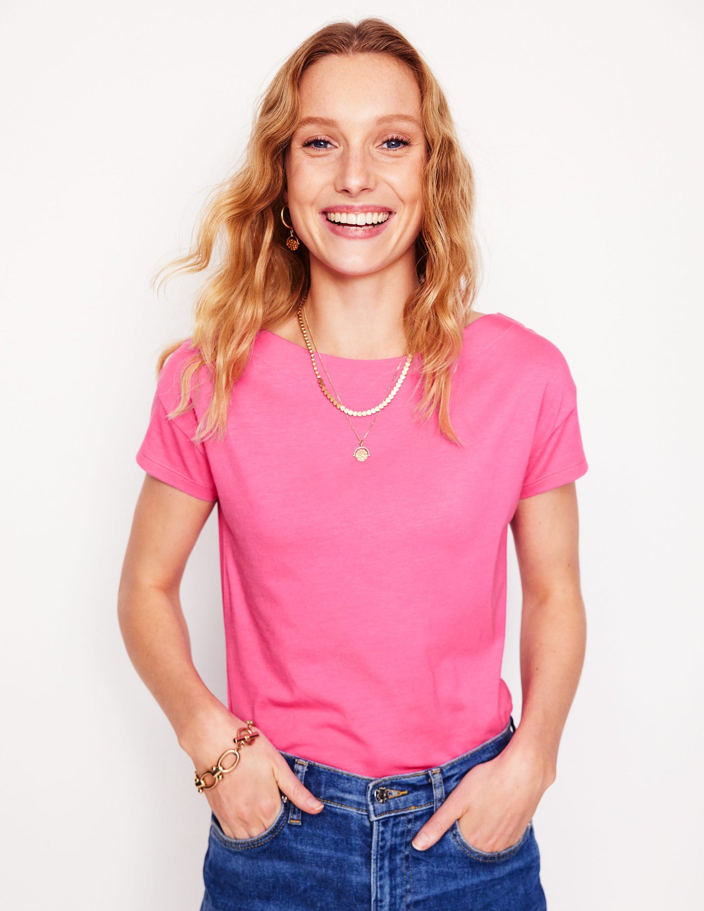 Superweiches T-Shirt mit U-Boot-Ausschnitt-Rosa