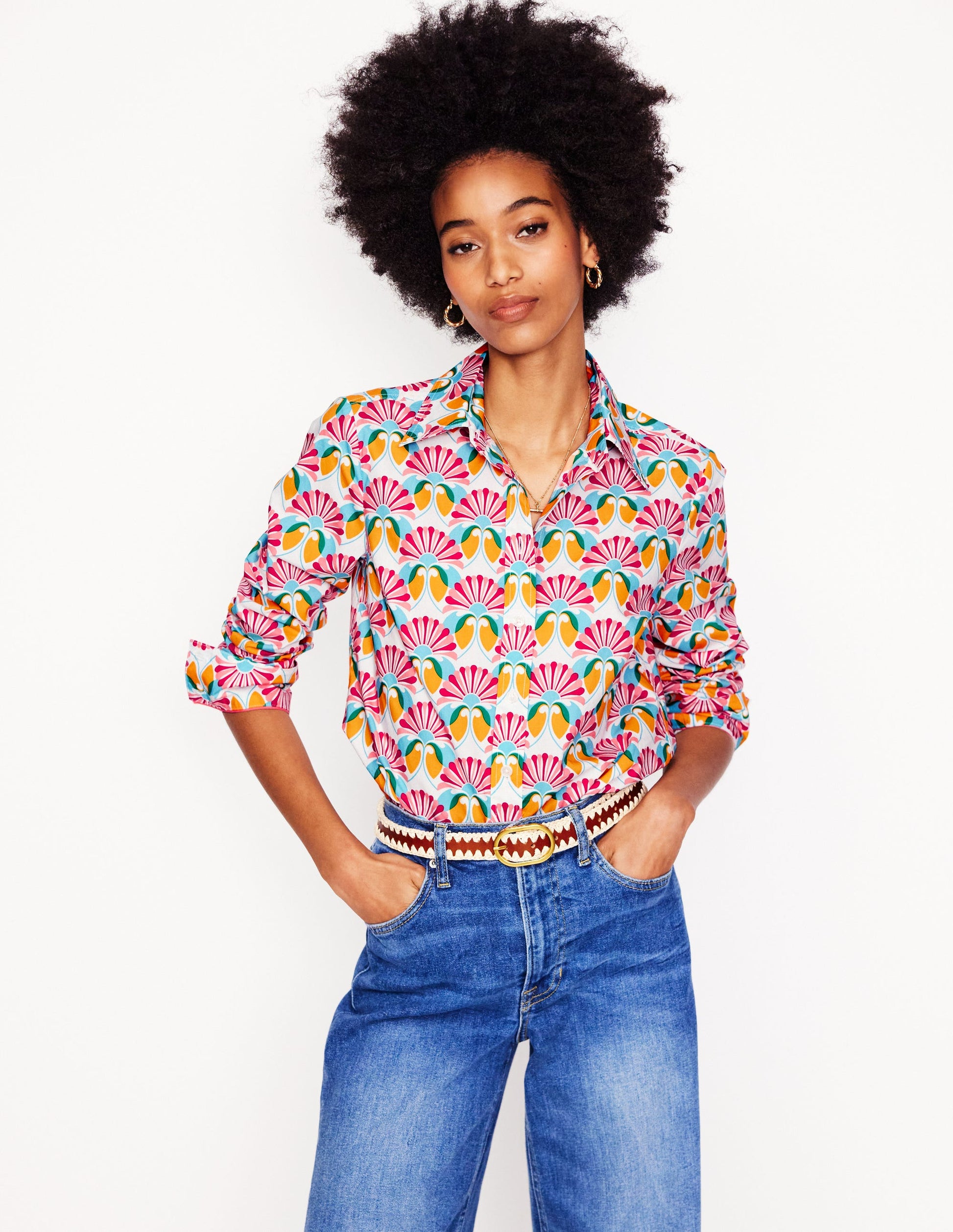 Sienna Baumwollhemd-Naturweiß, Gänseblümchen Geo-Motiv-3