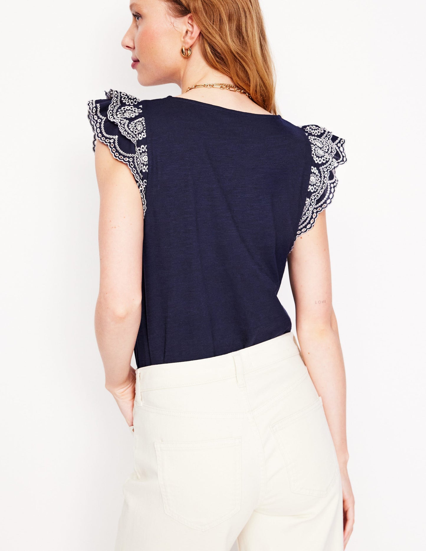 Top Belle à manches en broderie anglaise-Bleu Marine, Petits Pois