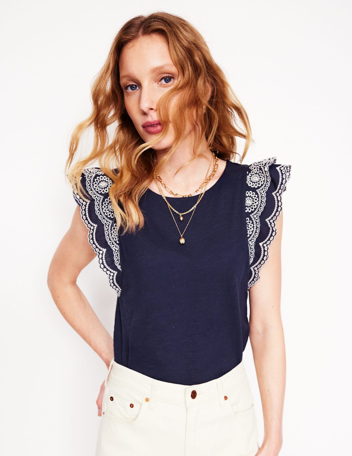 Top Belle à manches en broderie anglaise-Bleu Marine, Petits Pois