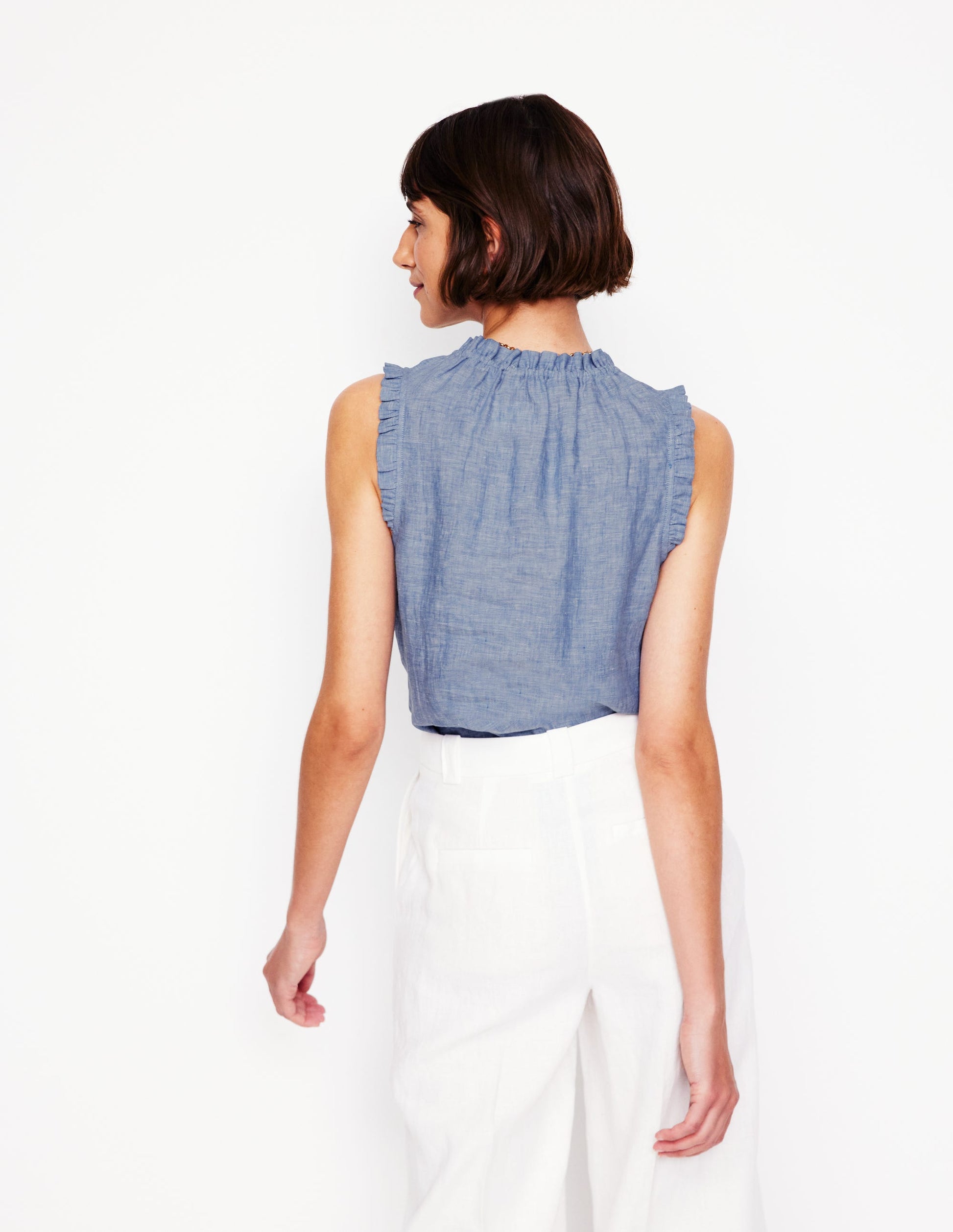 Sophie Ruffle Linen Top-Chambray-3
