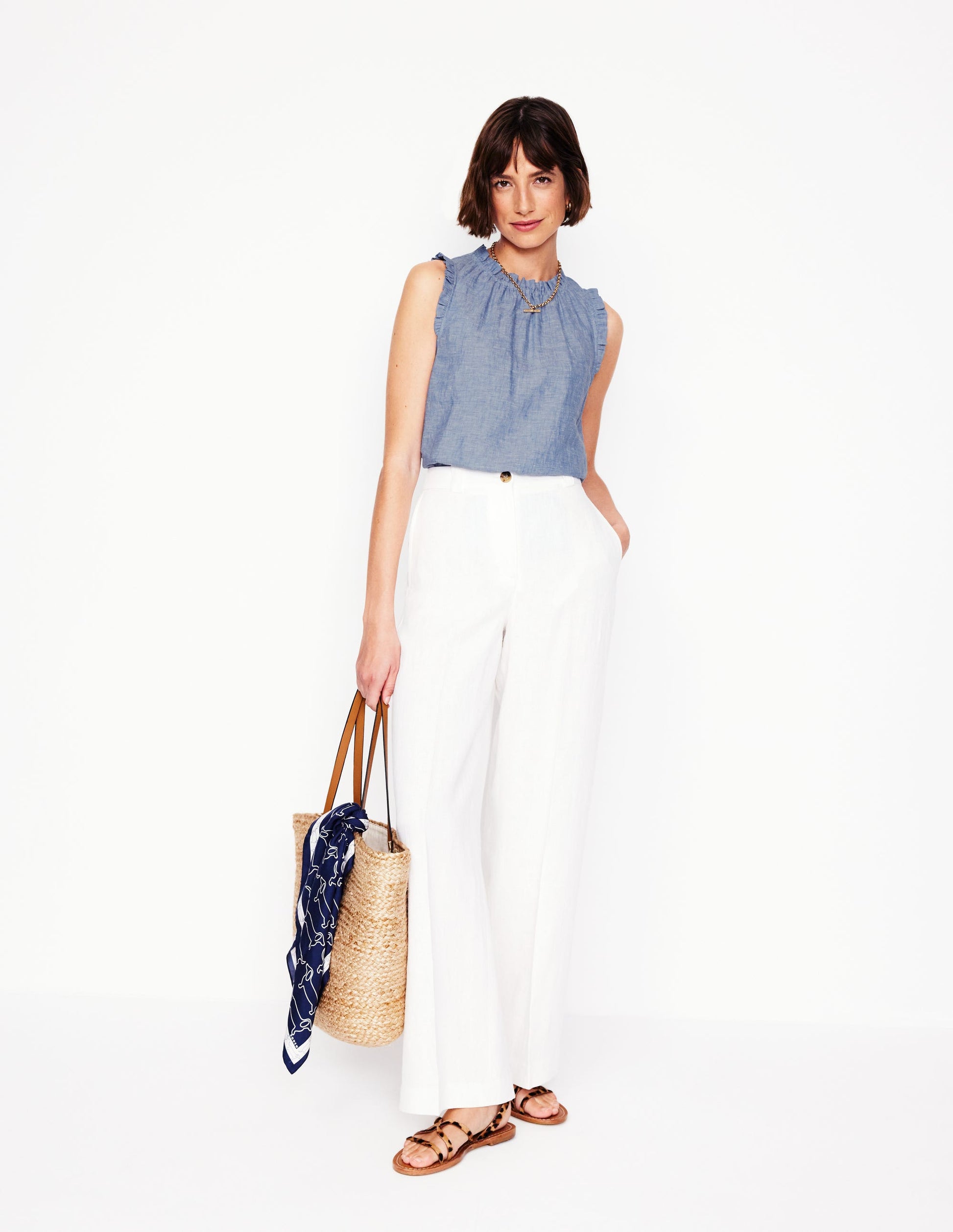 Sophie Ruffle Linen Top-Chambray-4