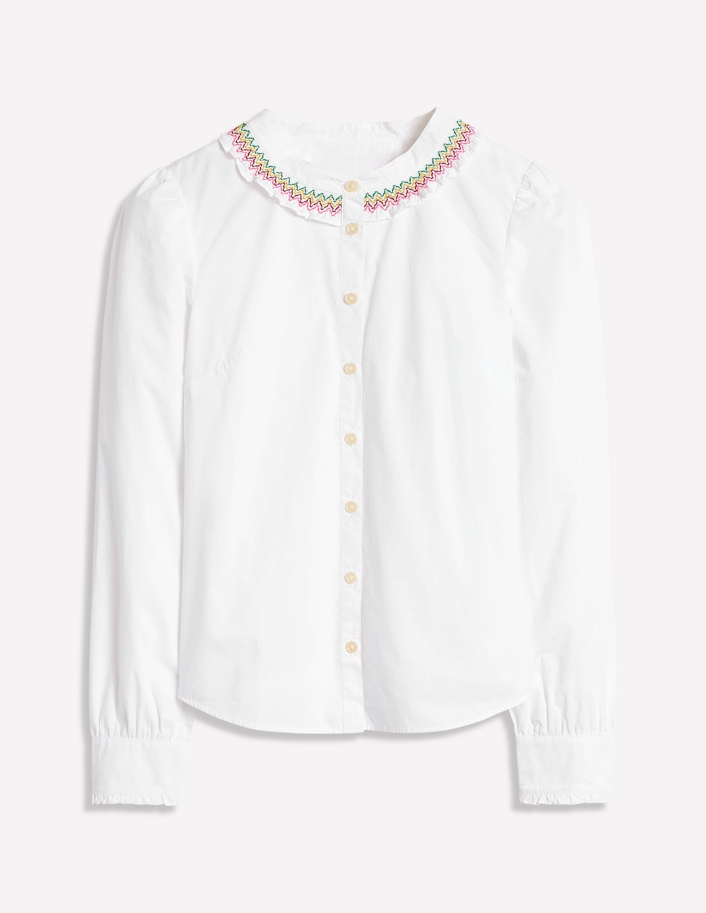 Chemise à col smocké-Blanc, surpiqûres multi