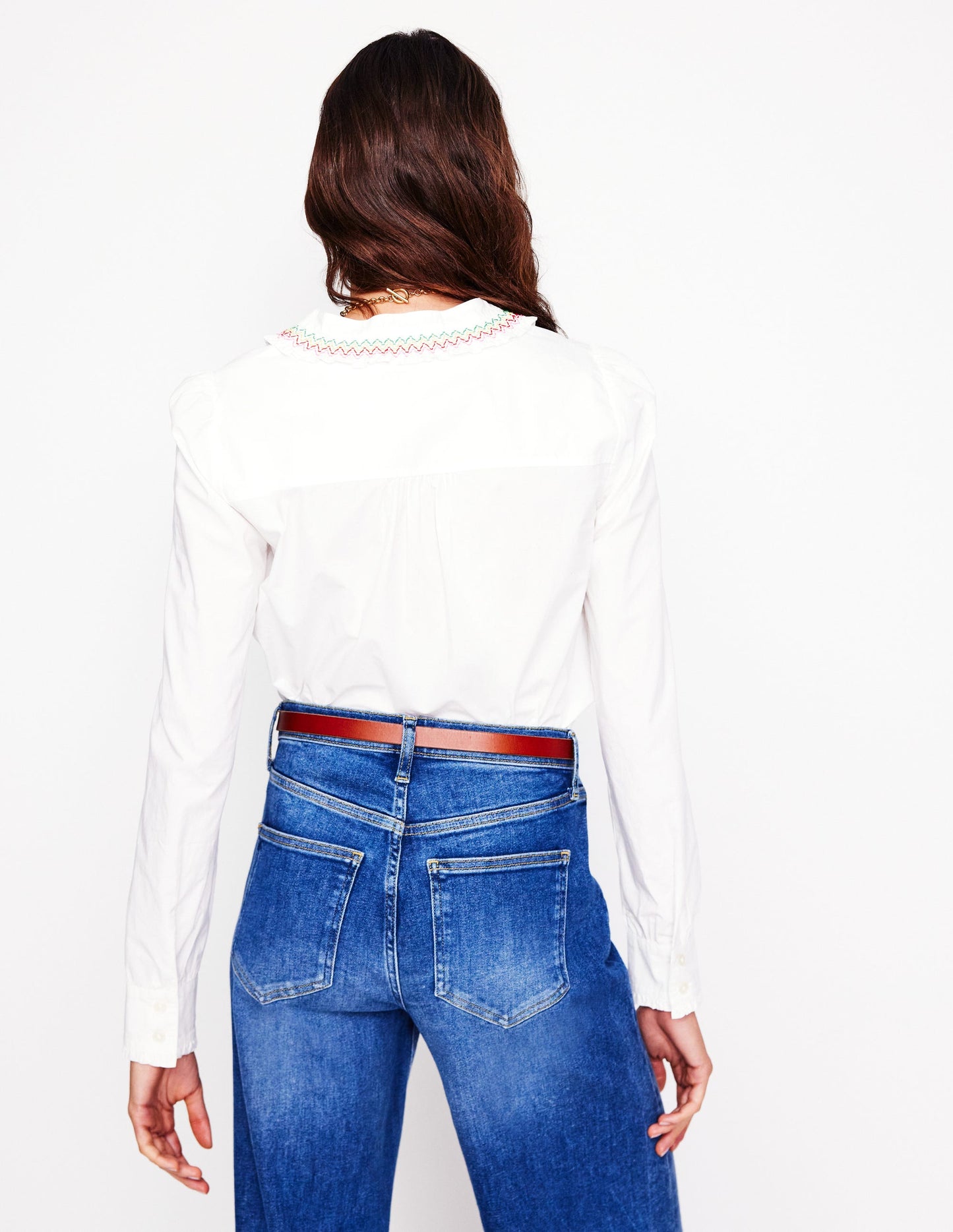 Chemise à col smocké-Blanc, surpiqûres multi