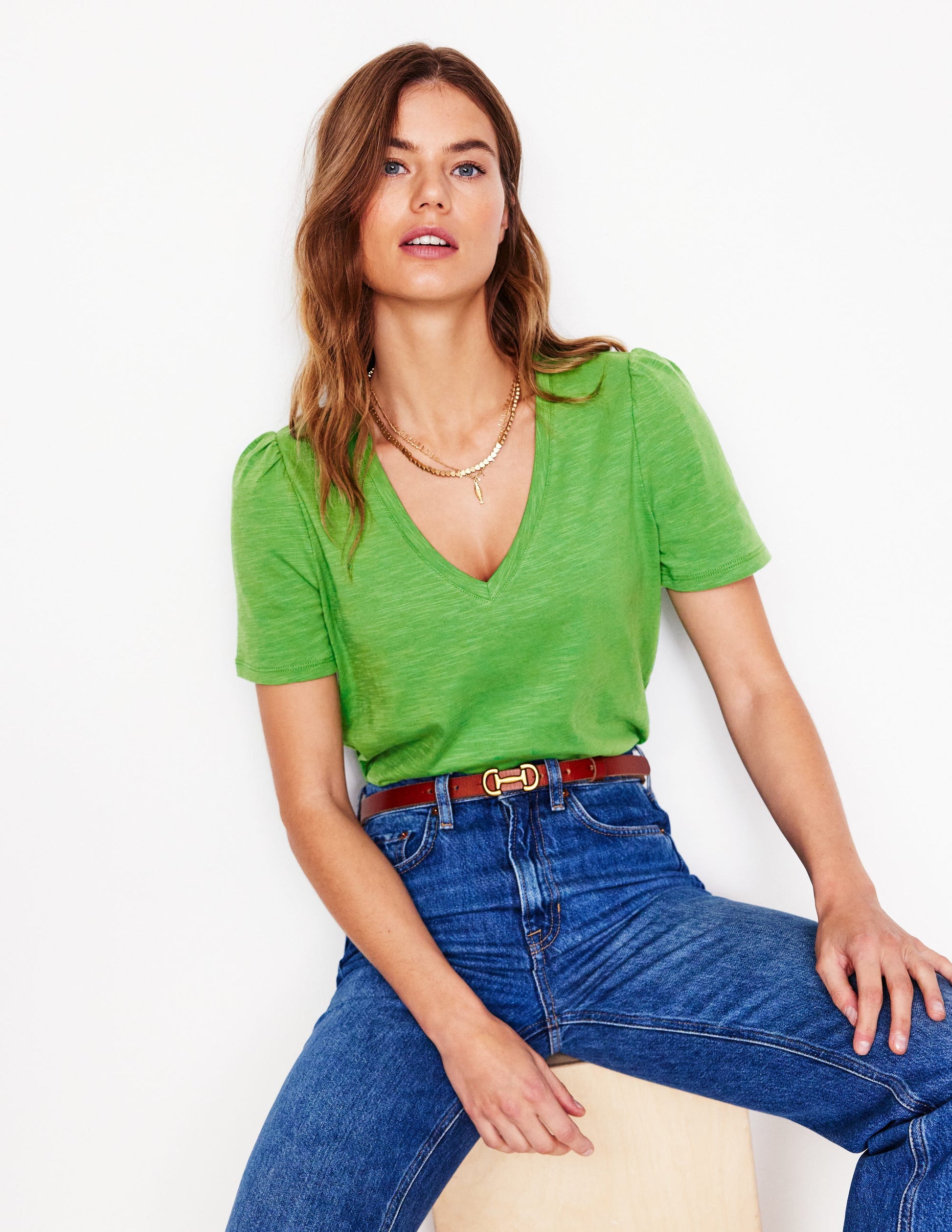 V Neck Slub T-shirt-Paradise Green-1