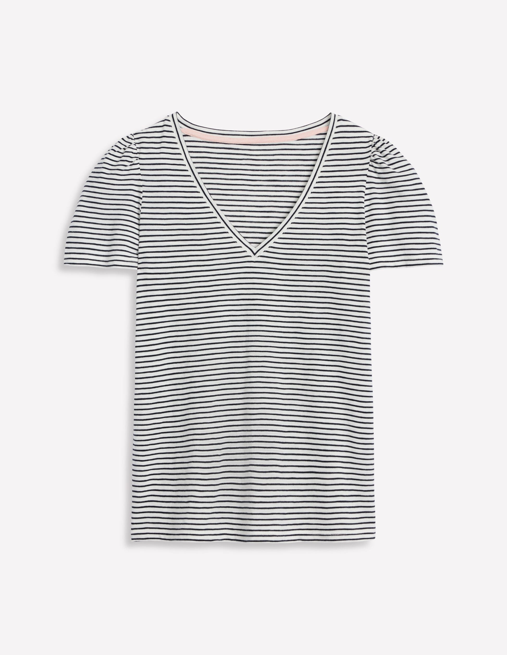 V Neck Slub T-shirt-Ivory, Navy Stripe-5