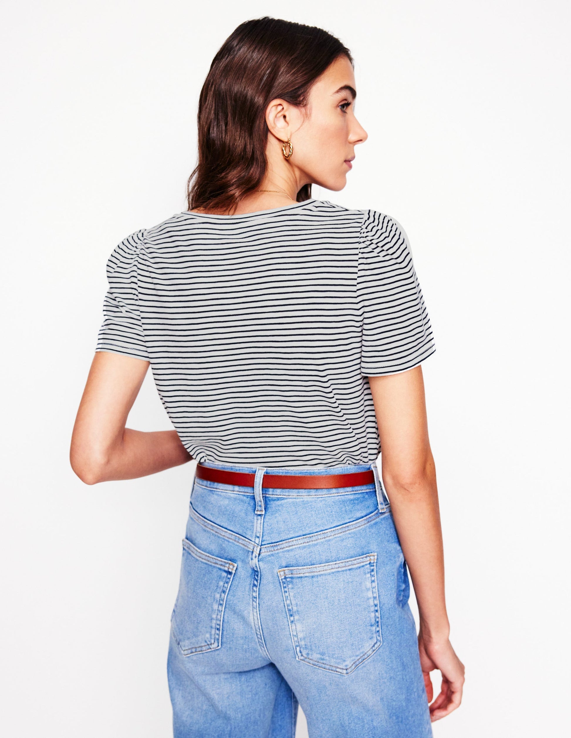 V Neck Slub T-shirt-Ivory, Navy Stripe-3