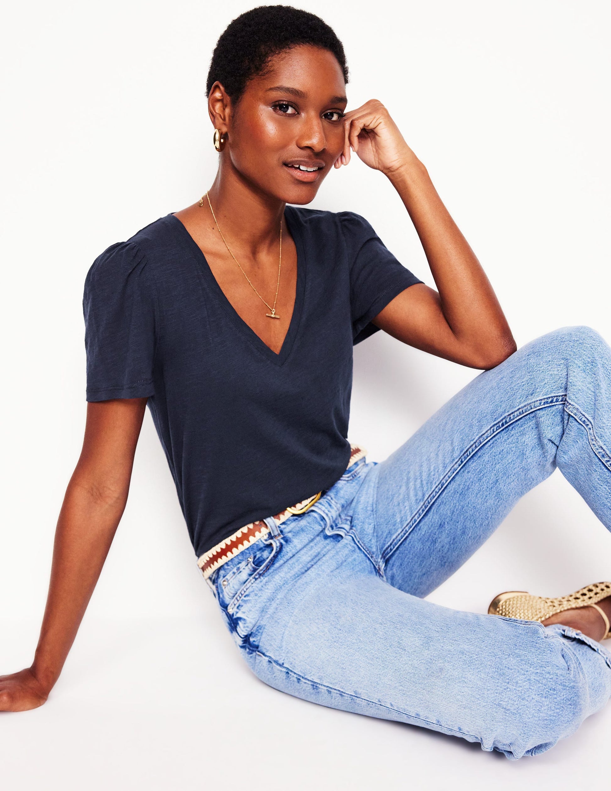 V Neck Slub T-shirt-Navy-4