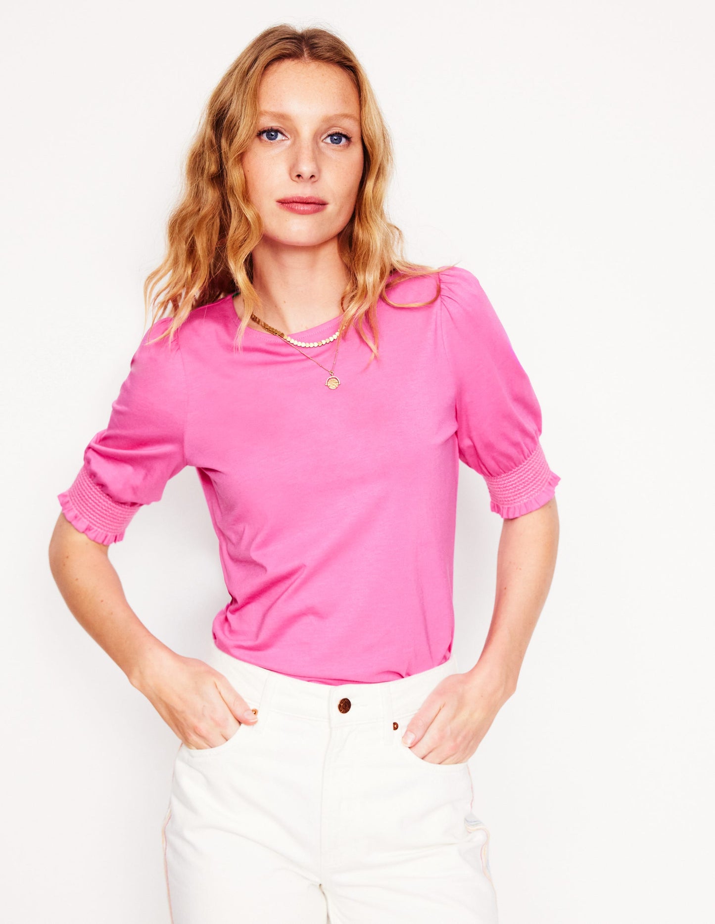 Kurzärmeliges Oberteil mit gesmokten Bündchen-Rosa