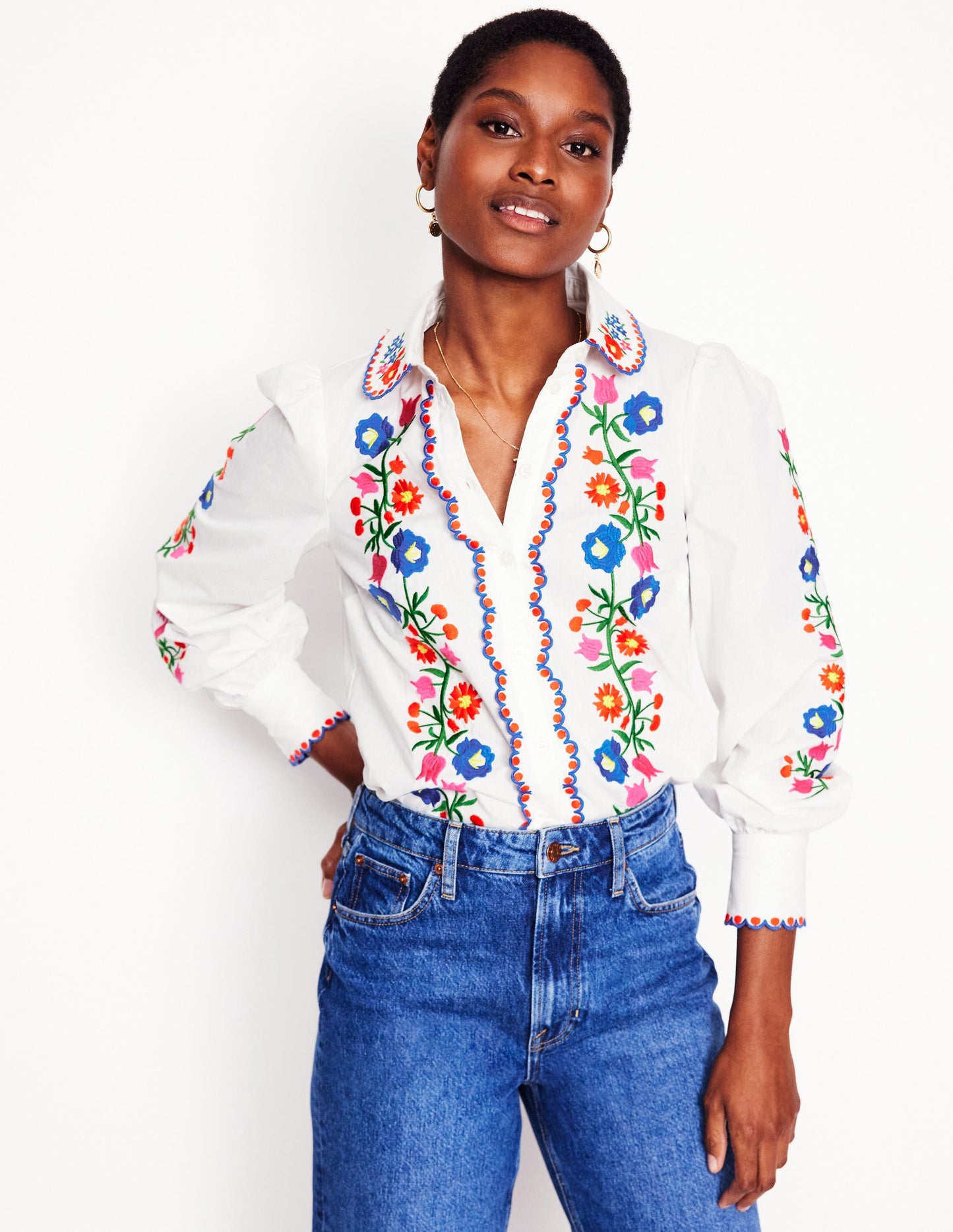 Bestickte Baumwollbluse-Weiß, Blumenstickerei