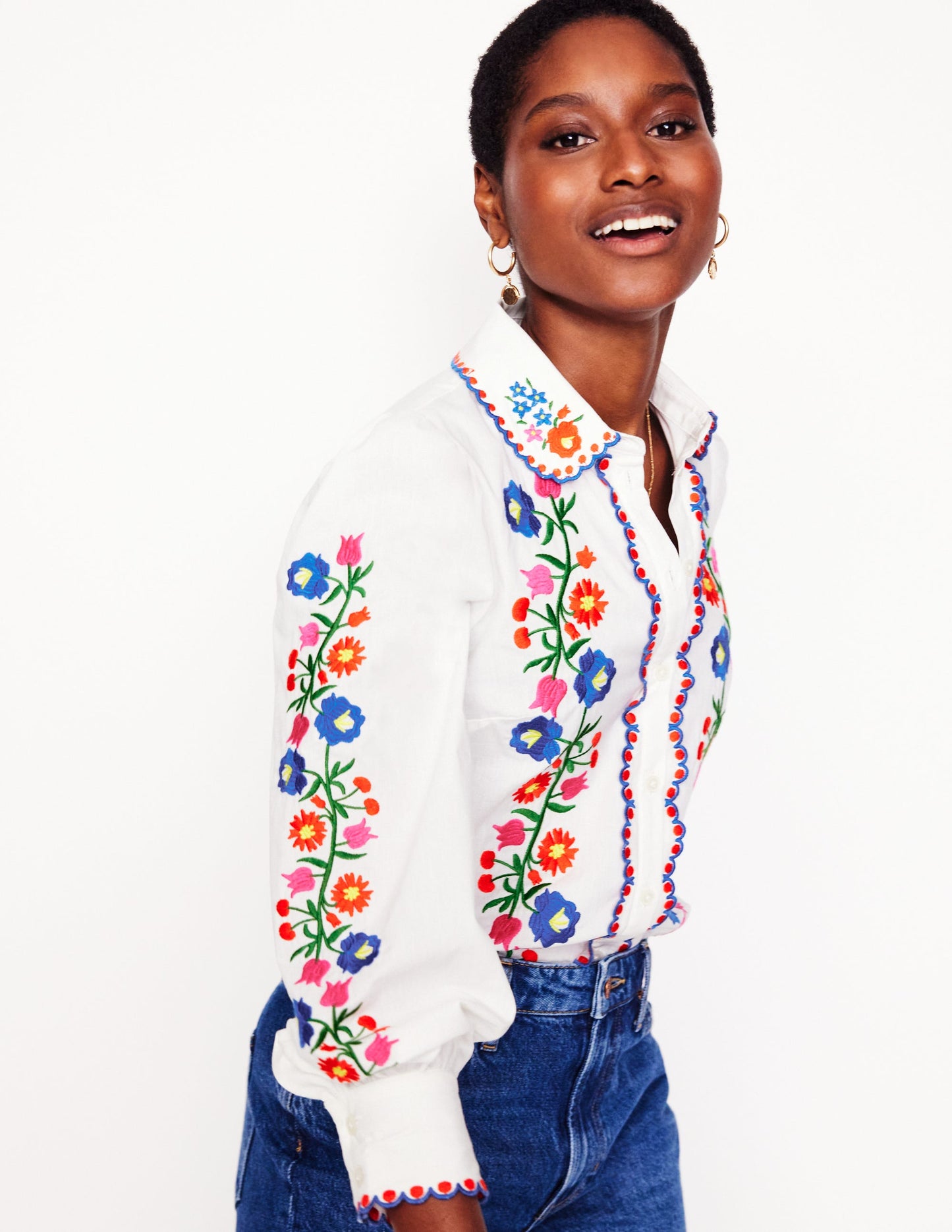 Bestickte Baumwollbluse-Weiß, Blumenstickerei