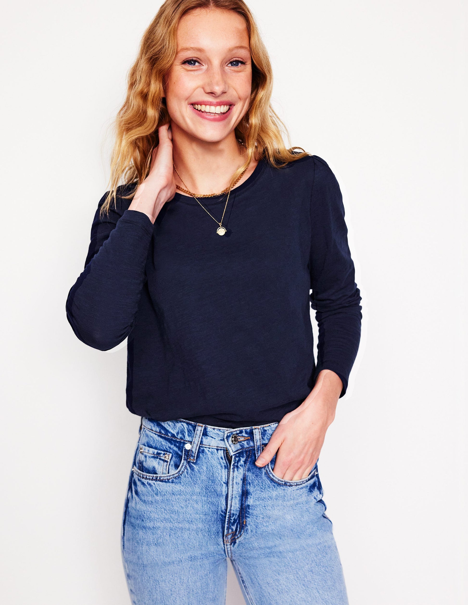 Cotton Crew Long Sleeve Top-Navy-1