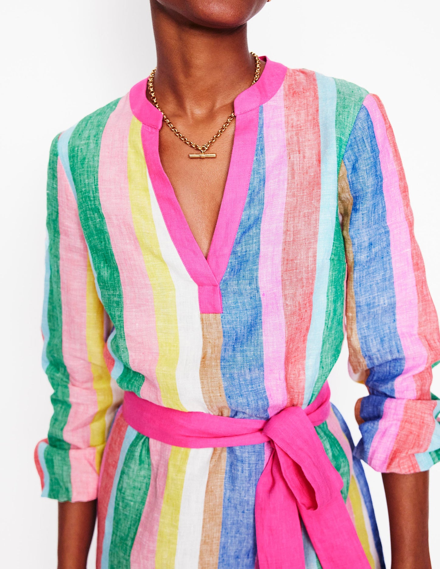 Cleo Leinenkleid mit Bindegürtel-Knalliger Regenbogen Streifen