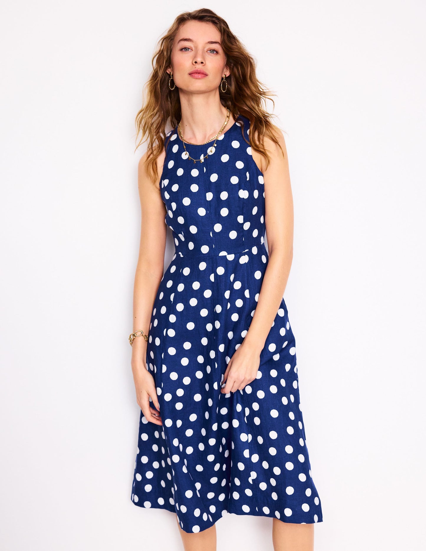 Robe midi Carla en lin-Bleu tribord, pois peint