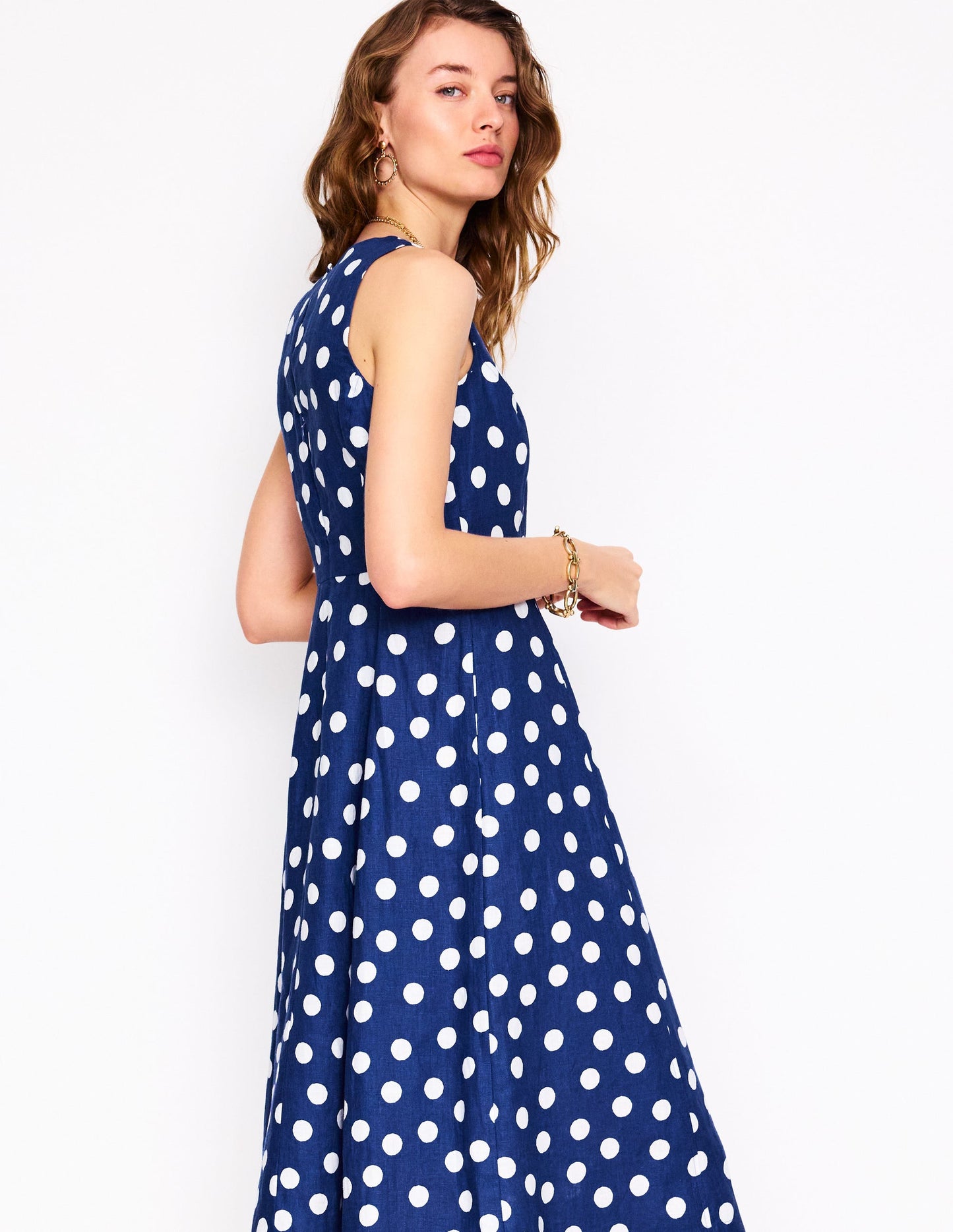Robe midi Carla en lin-Bleu tribord, pois peint