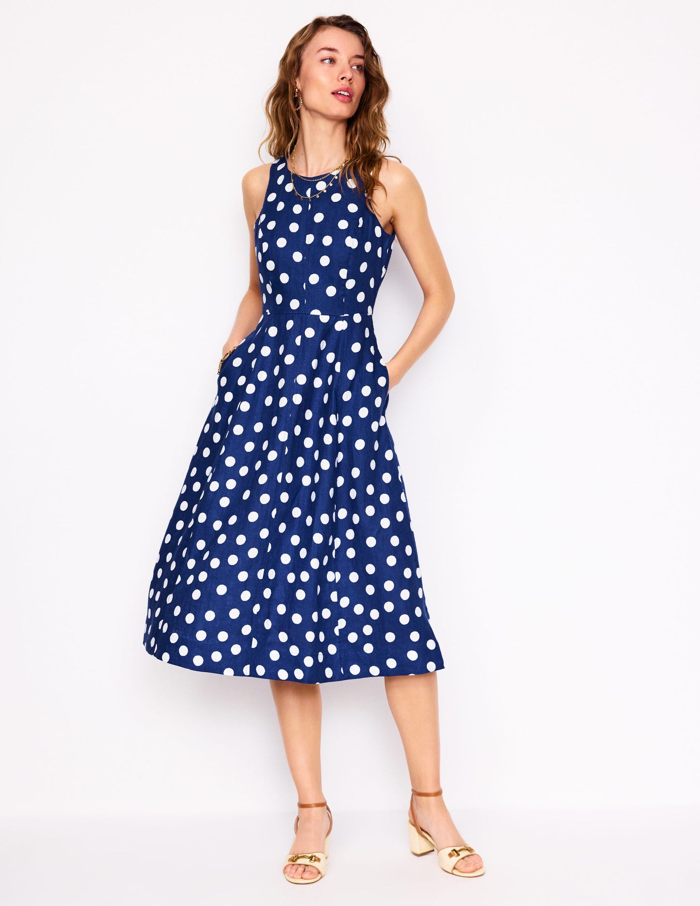 Robe midi Carla en lin-Bleu tribord, pois peint