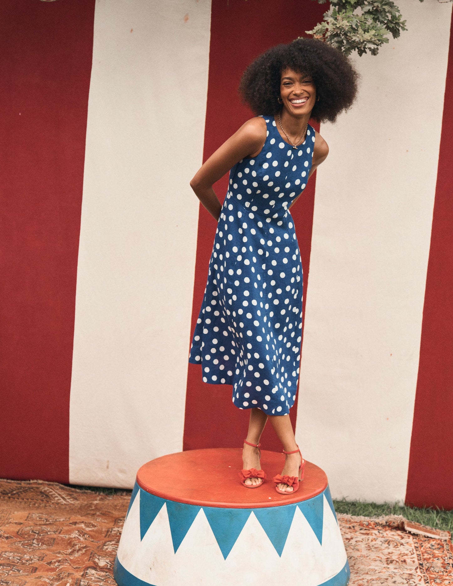 Robe midi Carla en lin-Bleu tribord, pois peint