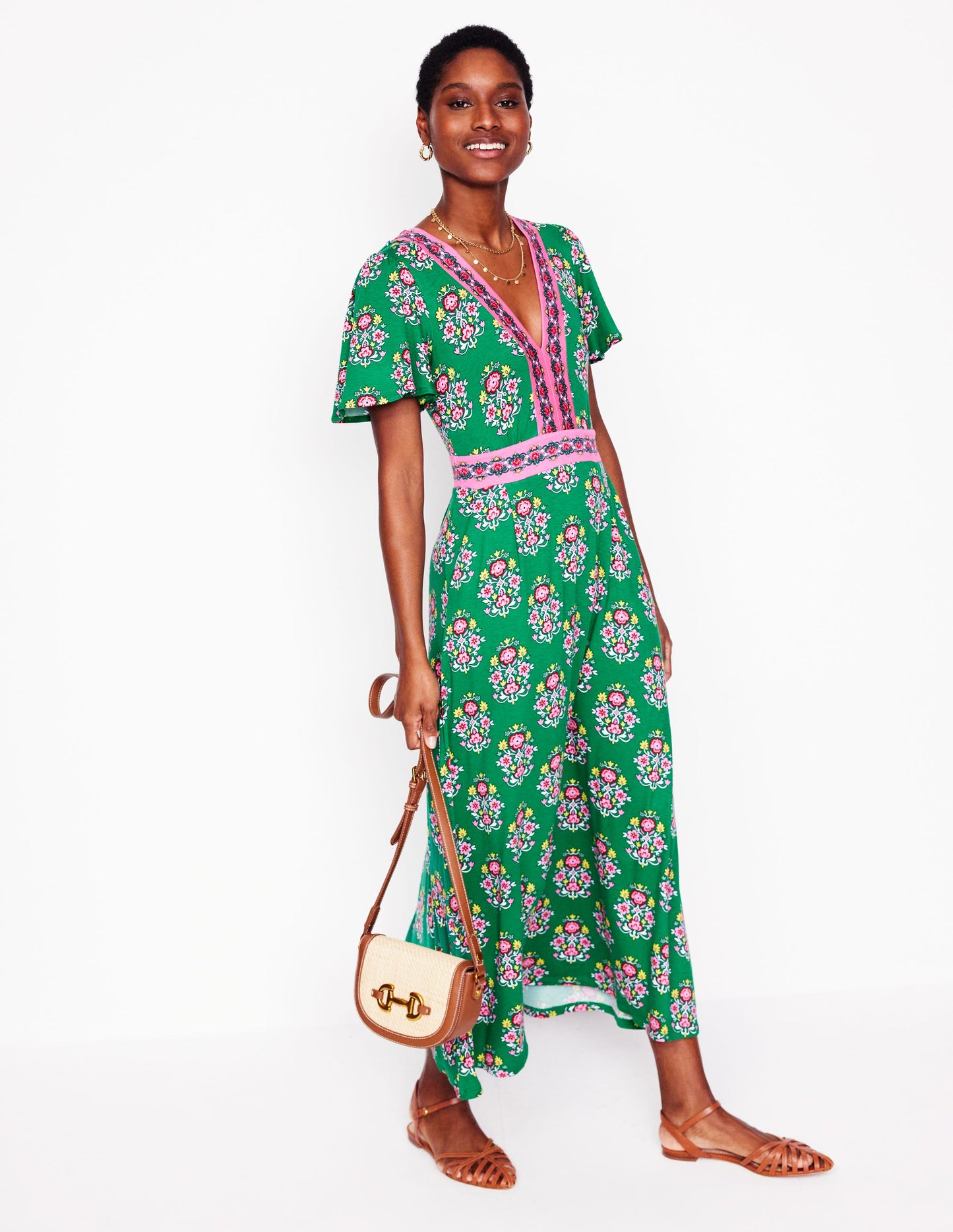 Robe longue style 40s Ellie à manches aériennes-Émeraude profond, motif Wildflower Stamp